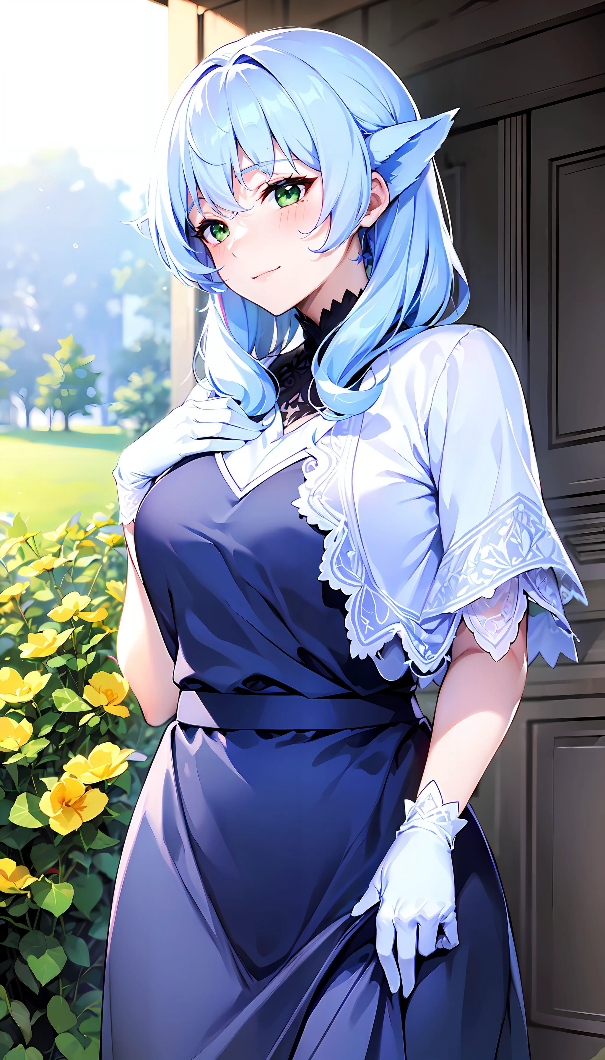 photorealistic, (4k), (Masterpiece), (realistic skin texture), extremely detailed, intricate, hyper detailed, high resolution, sharp detail, best quality, woman, blue dress, white shrug, white gloves, white hair, white cat ears, green eyes, <lora:Karen_Fenrir_VRMMO1-000002:0.7> , <lora:GoodHands-vanilla:1> , outdoors, in flowers, meadow,