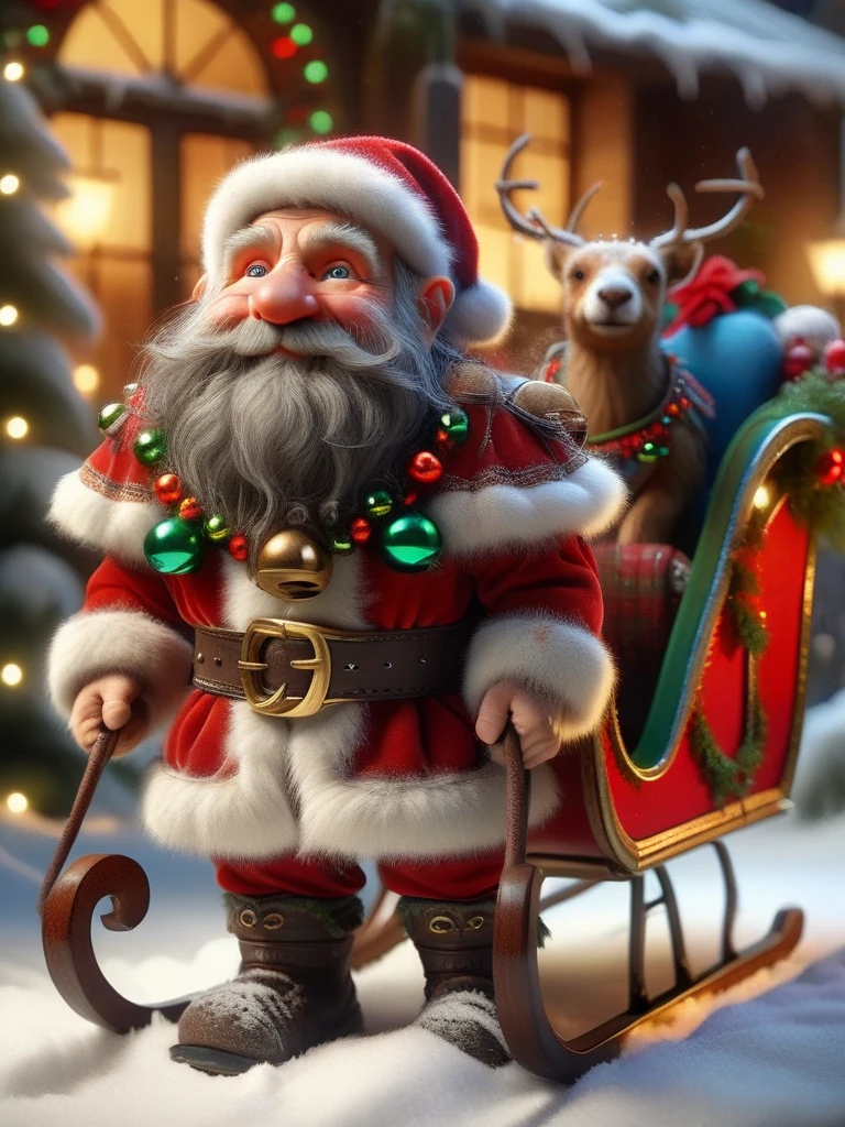 ral-santasleigh, a photorealistic dwarf decorated and pulling Santas sleigh, the dwarf is adorned with a festive colorful harness <lora:ral-santasleigh-sdxl:1>