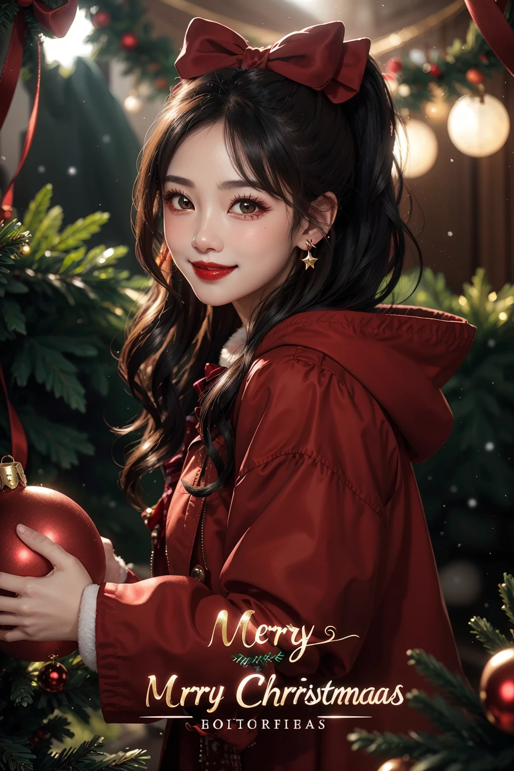 <lora:Christmas girl-1 (3):0.7>,Christmas professional photography,1girl,solo,bow,jewelry,christmas,hair bow,earrings,black hair,red bow,looking at viewer,christmas ornaments,brown eyes,merry christmas,red lips,smile,red coat,ponytail,the background is surrounded by green trees,christmas photography cover,