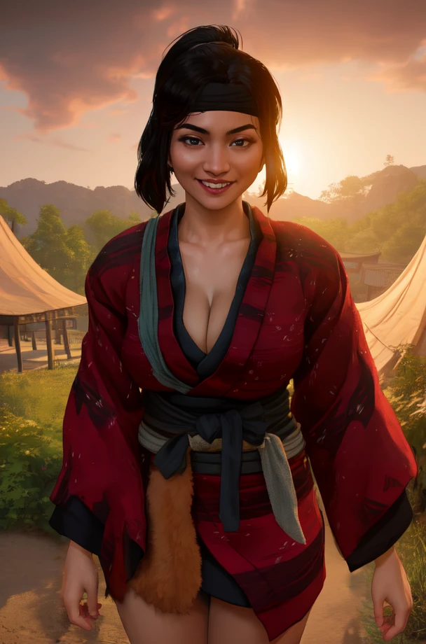 Yuna,black ponytail,
solo,facing viewer,light smile,
red kimono,black headband,standing,belt,
13th century Japan,morning,camp,
cleavage,
(insanely detailed, beautiful detailed face, masterpiece, best quality) cinematic lighting,<lora:YunaGOT-10:0.8>,
