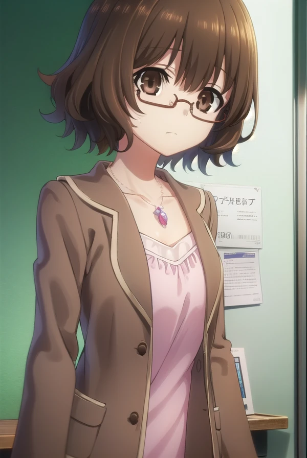 tamaeokamine, <lora:tamae okamine s2-lora-nochekaiser:1>,
tamae okamine, short hair, bangs, brown hair, (brown eyes:1.5), glasses, semi-rimless eyewear, red-framed eyewear, under-rim eyewear, bespectacled,
BREAK shirt, long sleeves, jewelry, necklace, pink shirt, collarbone,
BREAK indoors, classroom,
BREAK looking at viewer, (cowboy shot:1.5),
BREAK <lyco:GoodHands-beta2:1>, (masterpiece:1.2), best quality, high resolution, unity 8k wallpaper, (illustration:0.8), (beautiful detailed eyes:1.6), extremely detailed face, perfect lighting, extremely detailed CG, (perfect hands, perfect anatomy),
