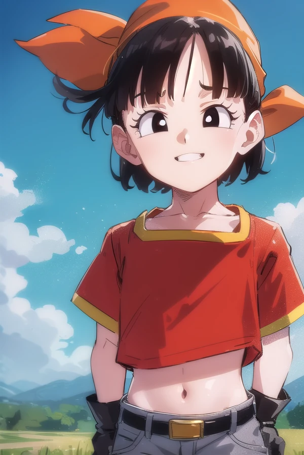 dragonballpan, <lora:dragon ball pan-lora-nochekaiser:1>,
pan gt, short hair, black hair, gloves, short sleeves, black gloves, belt, pants, fingerless gloves, (black eyes:1.5), (red shirt:1.5), black belt, bandana, orange bandana, female , grey pants, smile,
BREAK ,
BREAK outdoors, forest, nature, trees, grass, clouds, sky, sun,
BREAK looking at viewer, (cowboy shot:1.5),
BREAK <lyco:GoodHands-beta2:1>, (masterpiece:1.2), best quality, high resolution, unity 8k wallpaper, (illustration:0.8), (beautiful detailed eyes:1.6), extremely detailed face, perfect lighting, extremely detailed CG, (perfect hands, perfect anatomy),