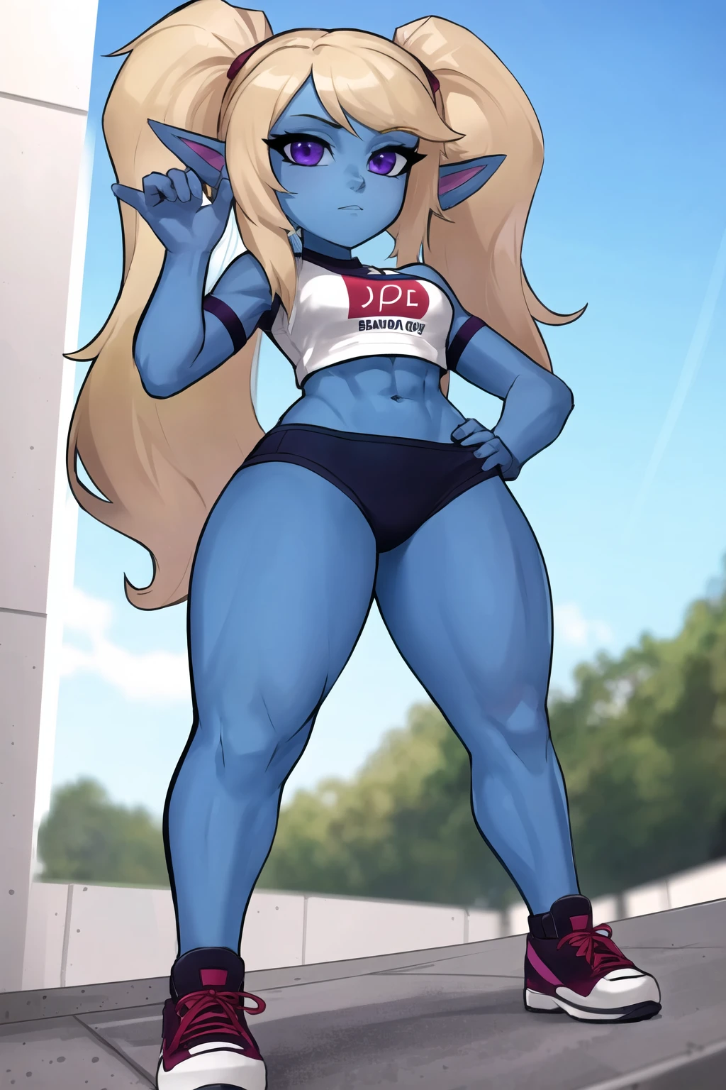<lora:fix_noiseoffset:1><lora:kupa_poppy:1>, (poppy:1.1), colored skin, (curvy:1.1), full body, (abs, navel:1.1), gym uniform, from below, condescending, (smug:1.1), best quality, stepping, <lora:Lood-10:0.6>