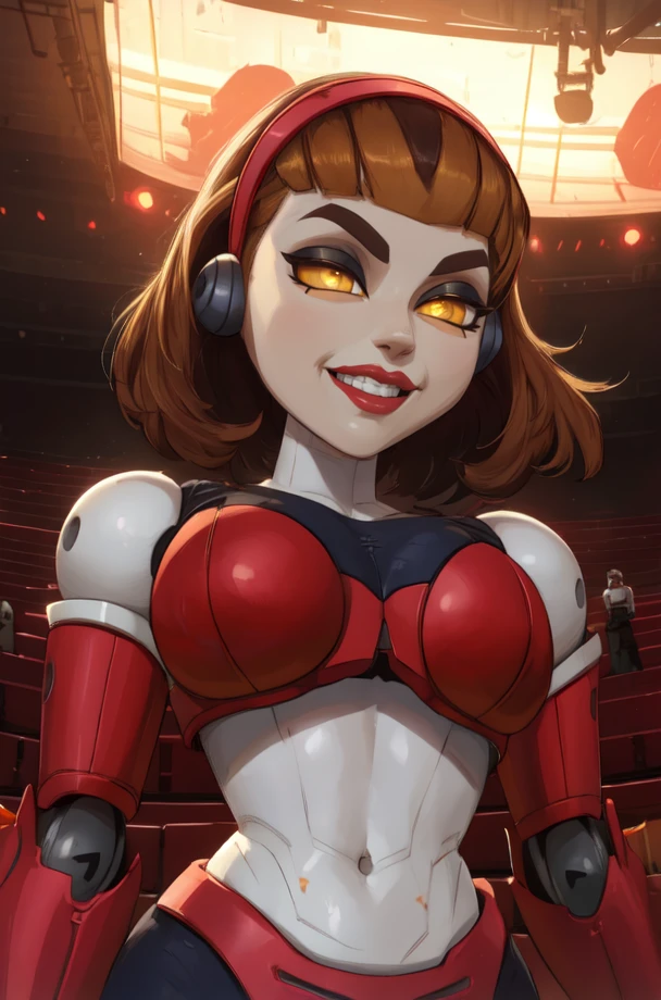 courtney,humanoid robot,yellow eyes,lips,brown hair,grey skin,
red hairband,red armor,navel,smile,from below,
standing,upper body,
indoors,science fiction,front stage,
(insanely detailed, beautiful detailed face, masterpiece, best quality) cinematic lighting,<lora:Courtney:0.8>,
