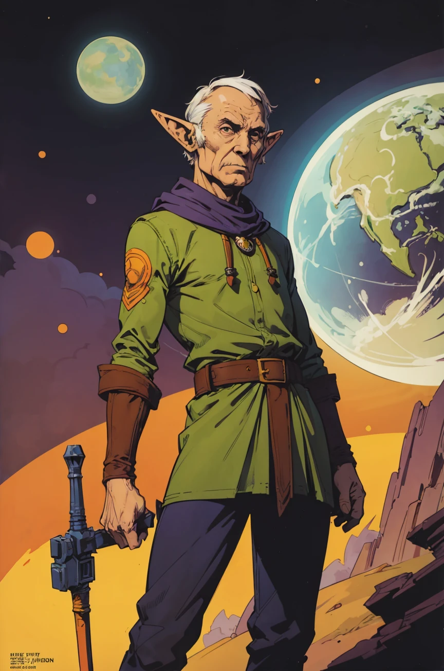 (comics style, flat colors, lineart:1.3), portrait, old, wrinkly, male elf wanderer with a staff and long clothes, alien planet, nostalgic, retrofuturism, yellow orange purple green, (atmosphere), coherent, continuity, epic