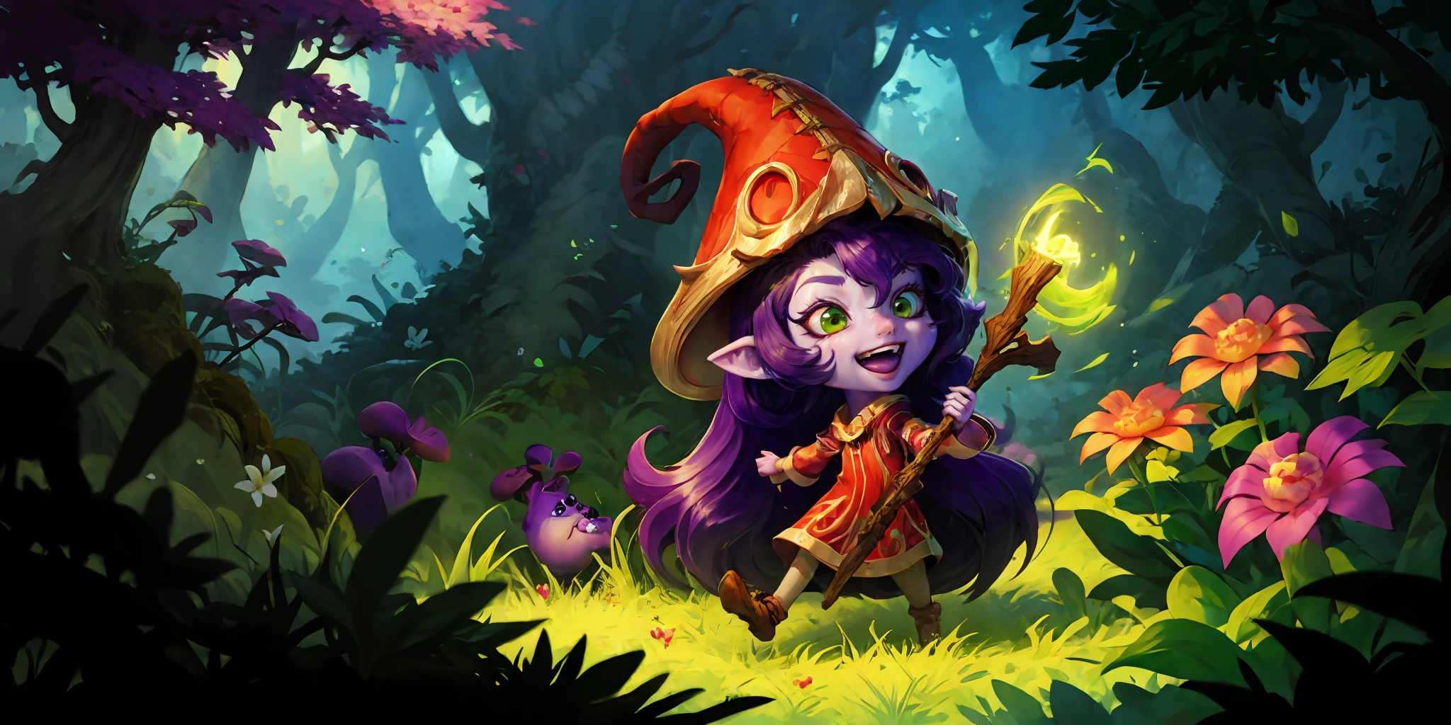 HEZI, LOL, \\\(lol style\\\), game cg, lulu \(league of legends\), 1girl, purple hair, staff, hat, nature, forest, green eyes, open mouth, flower, long hair, yordle, tree, purple skin, colored skin, animal ears, smile, very long hair, witch hat, grass, mushroom, pointy ears, tongue, fairy, dress, teeth, plant, ears through headwear, holding, holding staff, outdoors, :d, vines, red dress, fangs, solo<lora:LOLè¾æ¬§å°¼äº(8bit)2-000008:0.7>,