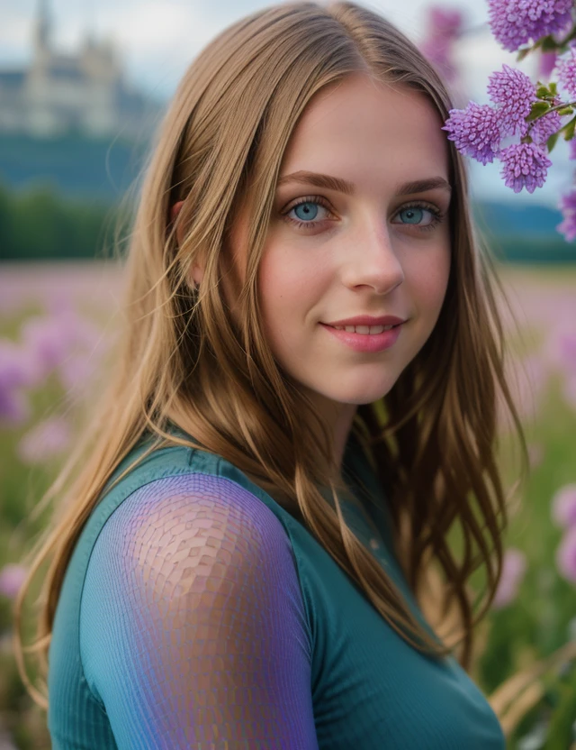 t1n4 photo of (t1n4) girl, RAW, (close portrait photo), nature, Spectacular light, intricate color, leggings intricate, (Colorful flowering), 8k, soft lighting, high quality, film grain, Olympus OM1 sharp focus, f 3.4, ((detailed eyes)), (seductive pose), upper body, breast, smile, (Salzburg)