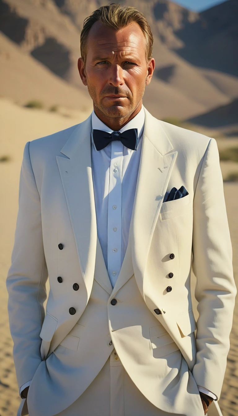 (stylized by Guy Ritchie:1.0) , Portrait, Raw digital photo, Knolling of a Graceful Bedouin Kevin Costner wearing A white double-breasted blazer with navy trousers and a navy bow tie while Peering intently, Depressing, Short exposure, Kodak UltraMax 400, 35mm, confused, looking around scared