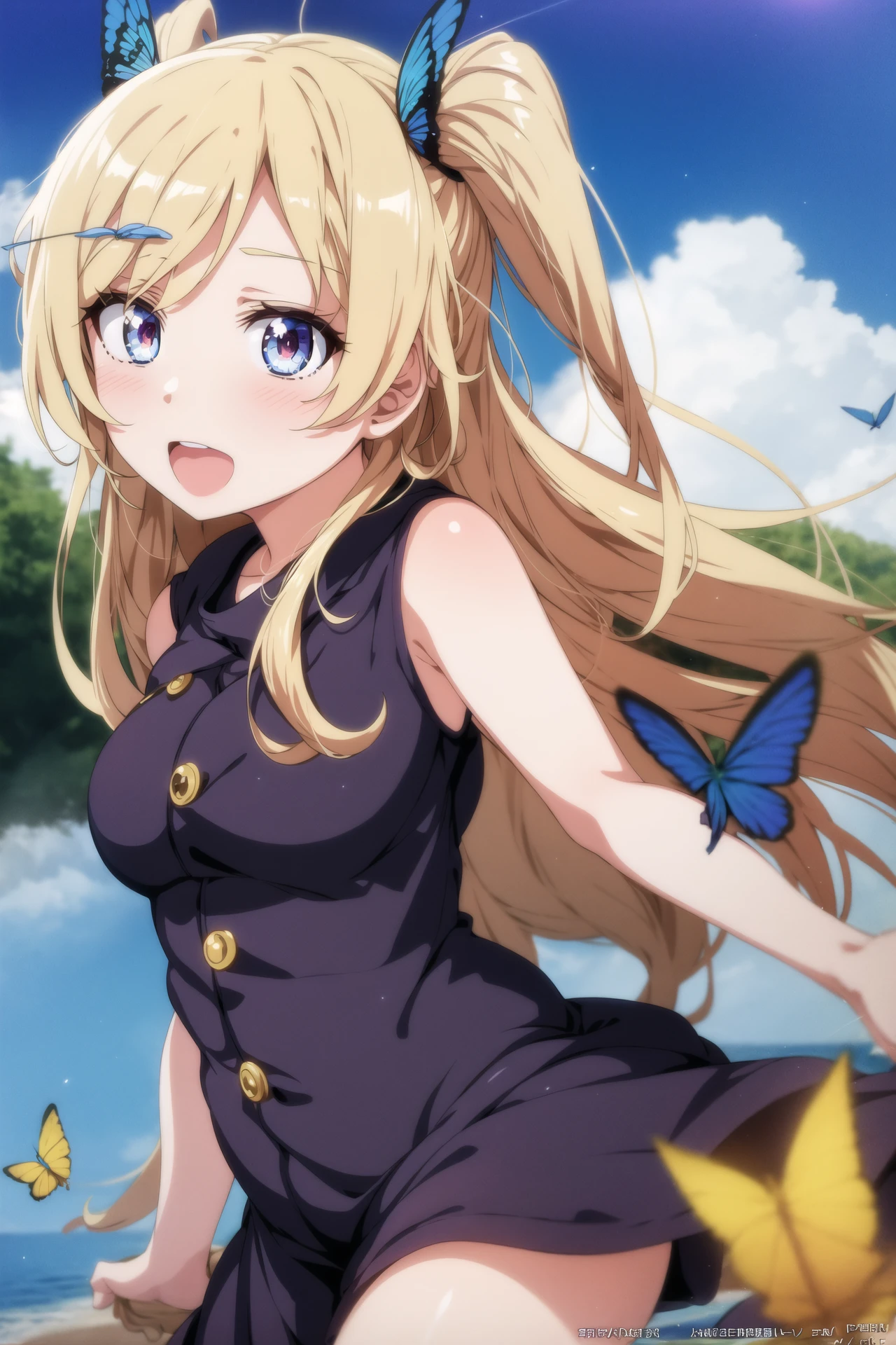 ogipote, anime screencap, high quality + masterpeace, 1girl, blue butterfly,