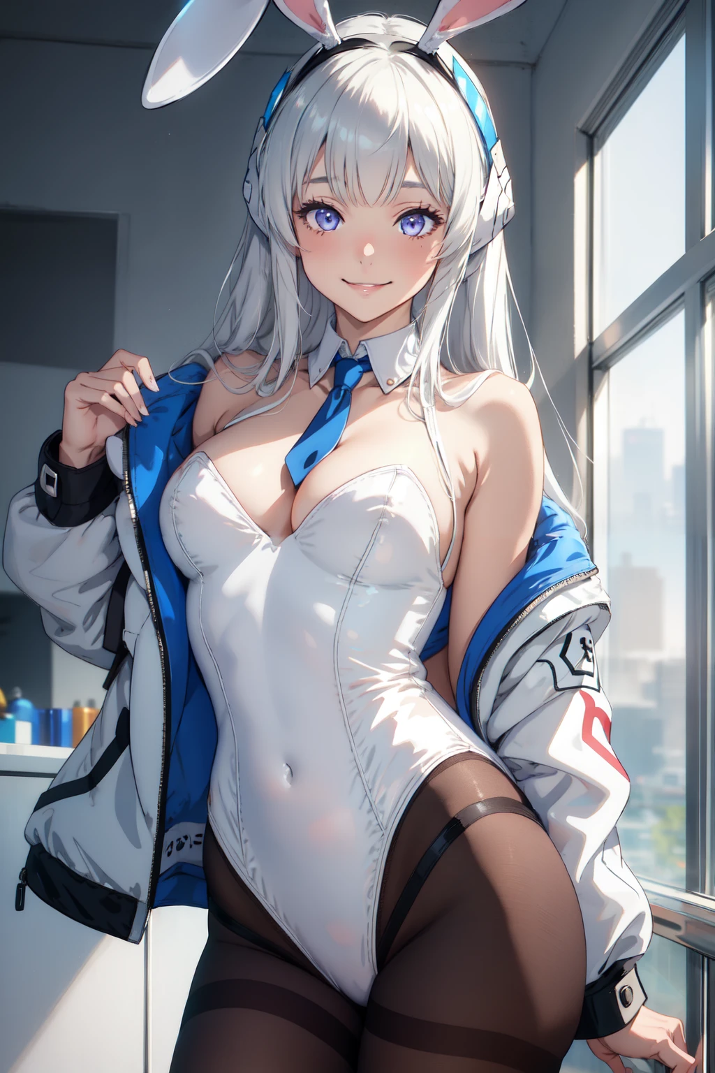 masterpiece, best quality, 1girl, <lora:NoaBA_996220:1>, n0asd, very long hair, mechanical halo, (white leotard:1.2), white playboy bunny, black pantyhose, white highheels, fake animal ears, white jacket, smile, naughty face,