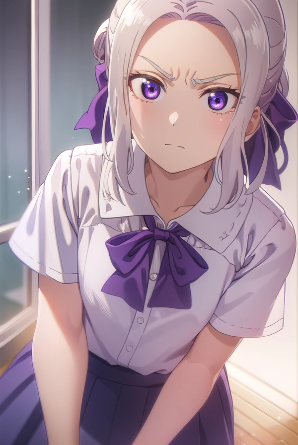 shinokiryuu, <lora:shino kiryuu s2-lora-nochekaiser:1>,
shino kiryuu, (purple eyes:1.1), white hair, hair bow, purple ribbon, frown, angry, (flat chest:1.2),
BREAK skirt, shirt, bow, school uniform, white shirt, short sleeves, pleated skirt, bowtie, blue skirt,
BREAK indoors, classroom,
BREAK looking at viewer, (cowboy shot:1.5),
BREAK <lyco:GoodHands-beta2:1>, (masterpiece:1.2), best quality, high resolution, unity 8k wallpaper, (illustration:0.8), (beautiful detailed eyes:1.6), extremely detailed face, perfect lighting, extremely detailed CG, (perfect hands, perfect anatomy),