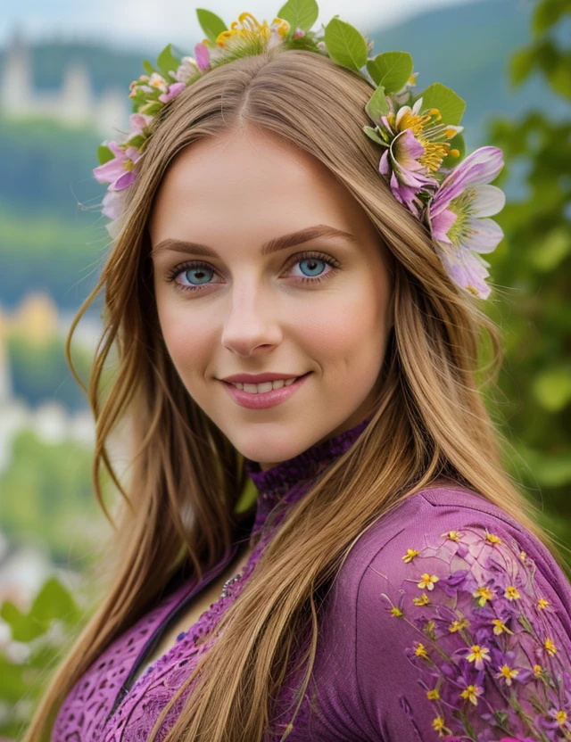 t1n4, nature, (close portrait photo), intricate color, leggings intricate, Turtleneck, (Colorful flowering), ((detailed eyes)), (seductive pose), upper body, breast, smile, (Salzburg)