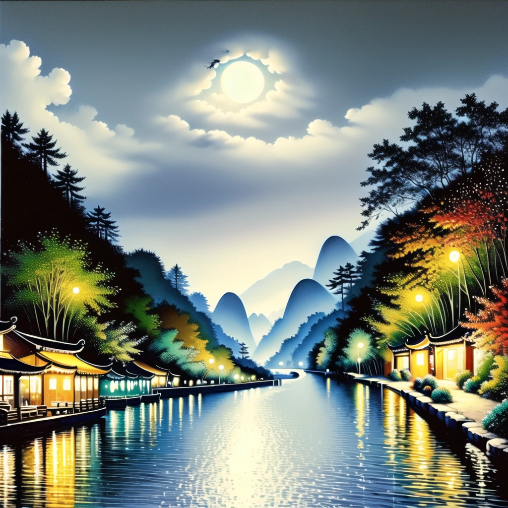 best quality,masterpiece,ancient china, gudai, solo, hat, outdoors, sky, cloud, water, tree, night, bird, moon, nature, scenery, reflection, lantern, mountain, sun, watercraft, river, boat<lora:wuyichengxian:1>,