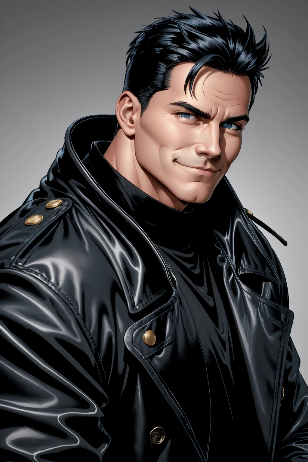1man, black hair, blue eyes, muscular, square jaw, trench coat, black shirt, evil smile, view from front, upper body focus, looking at viewer, simple background, <lora:BillyButcher:0.75>, masterpiece, highest quality