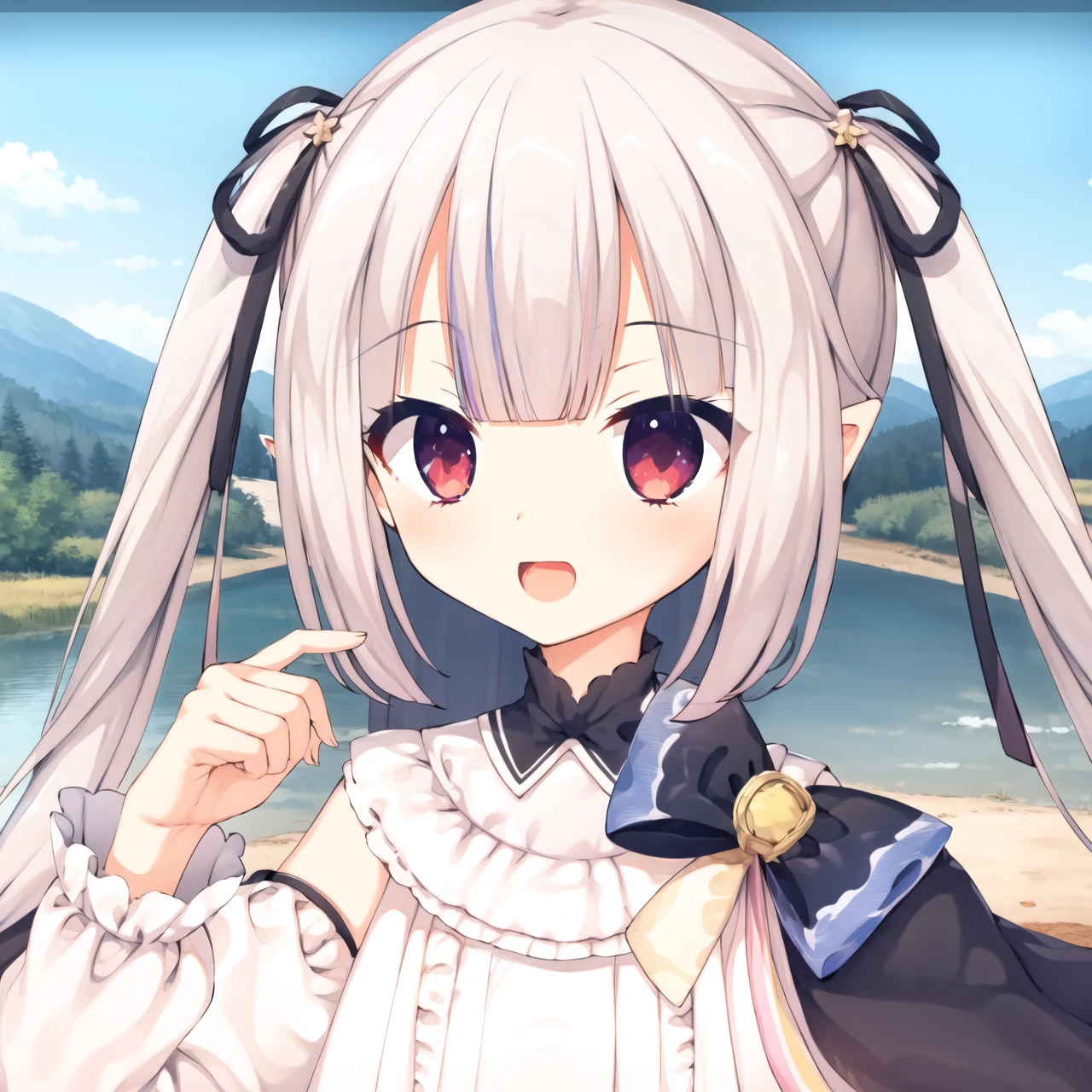 on_stomach,((dark_persona)),1girl,solo,virtual youtuber,red eyes,long hair,pointy ears,ribbon,twintails,hair ribbon,white hair,bangs,hair ornament,black ribbon,bow,:d,long sleeves,dress,<lora:Youzi5-000025:0.8>,<lora:baicai:0.8>,colorful,fantasy,in spring,in a meadow,waterfall,lake,flower field,outdoors,golden hour lighting,full_shot,close up