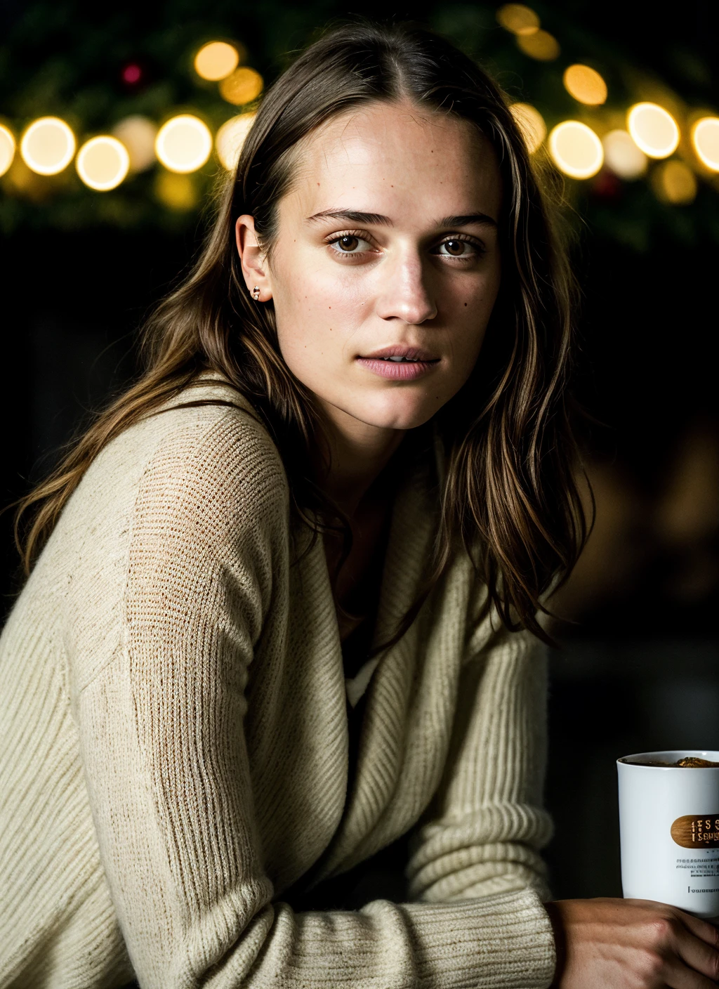 RAW photo of 20 years old aliciavikander-ti, natural lighting, 8k uhd, dslr, high quality, film grain, Fujifilm XT3, <lora:add_detail:0.7>, by Peter Lindbergh, christmas theme, young