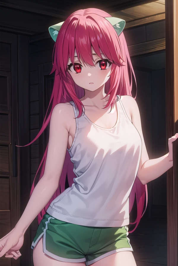 elfenliednyuu, <lora:elfen lied nyuu-lora-nochekaiser:1>,
nyuu, long hair, (red eyes:1.3), pink hair, horns, (small breasts:1.2),
BREAK shorts, tank top, (green shorts:1.5), white tank top,
BREAK indoors,
BREAK looking at viewer, (cowboy shot:1.5),
BREAK <lyco:GoodHands-beta2:1>, (masterpiece:1.2), best quality, high resolution, unity 8k wallpaper, (illustration:0.8), (beautiful detailed eyes:1.6), extremely detailed face, perfect lighting, extremely detailed CG, (perfect hands, perfect anatomy),