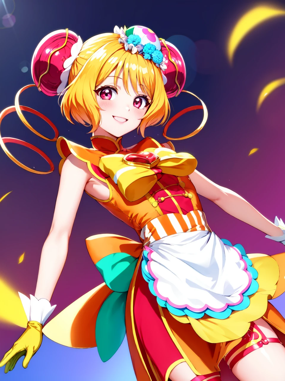 masterpiece, best quality, looking at viewer, depth of field, standing,
1girl, <lora:locon_cure_yum-yum_01:0.9>, cure yum-yum, china dress, hair ornament, sleeveless, gloves, apron, brooch, side slit, shorts under skirt, pumps,
smile, ((gradient background)), lens flare,