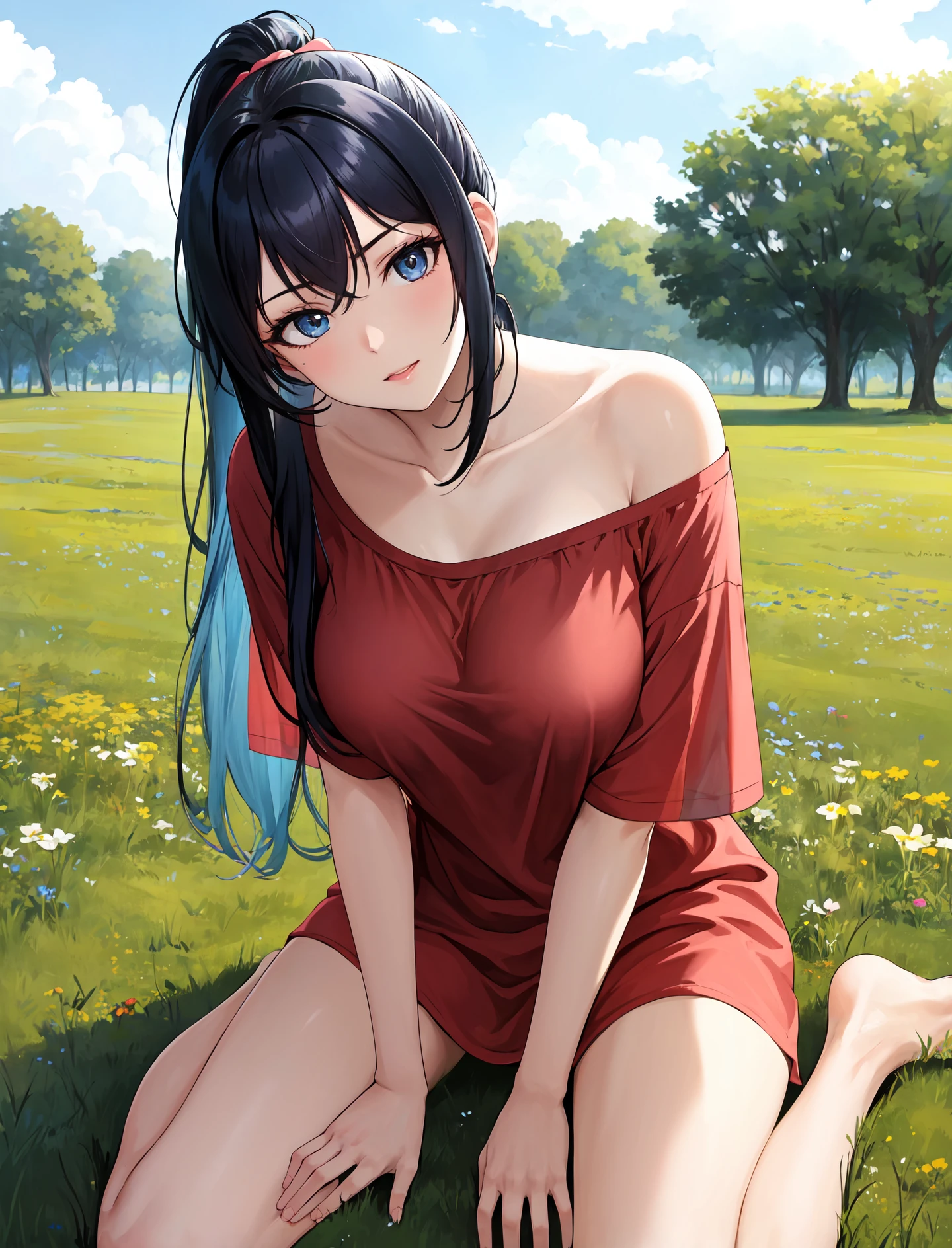 masterpiece, best quality, outdoors, field, grass, forest,
1girl, solo, looking at viewer, wariza, leaning forward, head tilt, shirt, blue hair, red shirt, collarbone, short sleeves, very long hair, ponytail, t-shirt, off shoulder, oversized shirt, naked shirt, oversized clothes, see-through silhouette, see-through shirt, large breasts, bikini under clothes,
<lora:Concept_Oversized:1>,