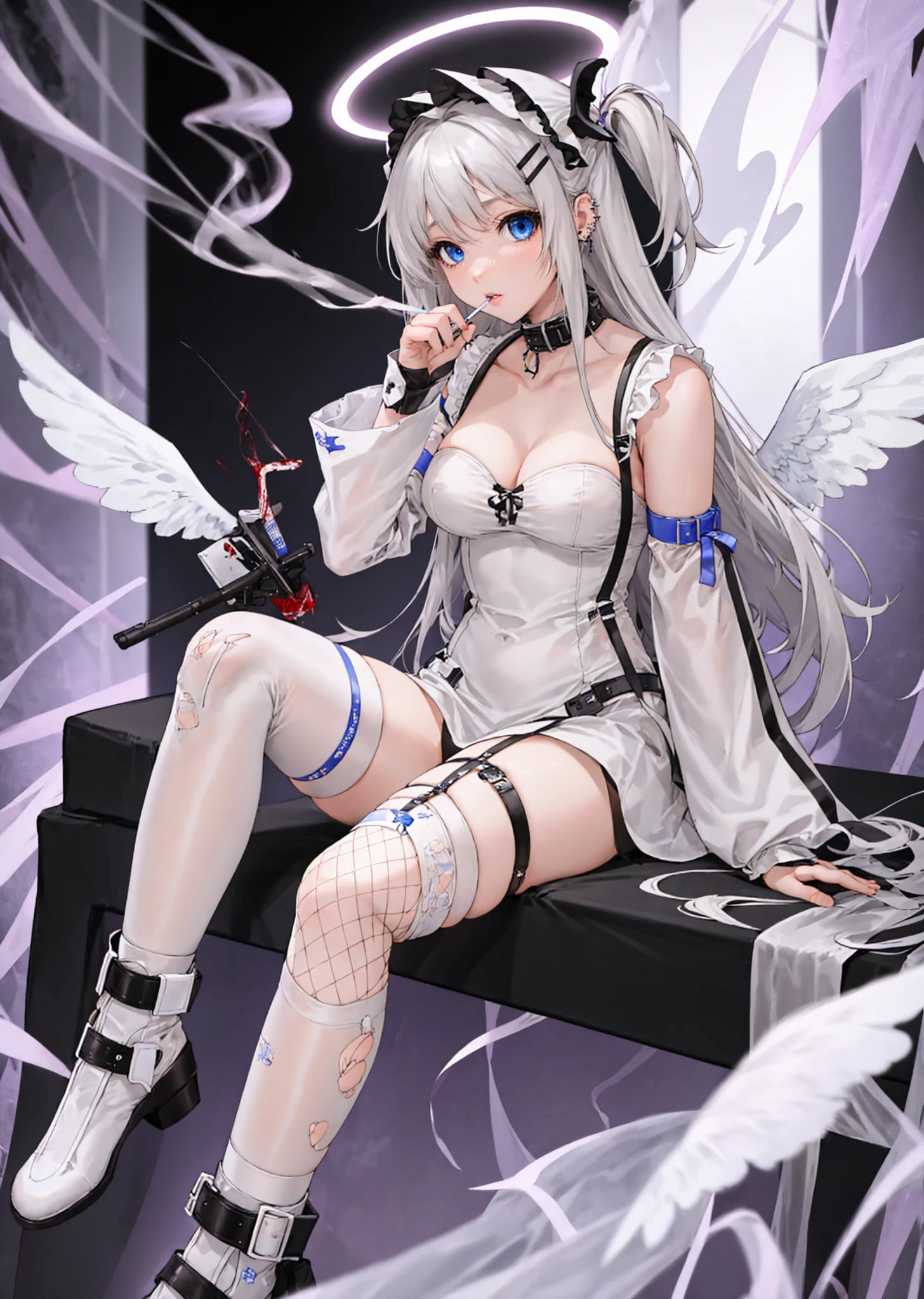 1girl, blue eyes, long hair, white hair, grey hair, piercing, ear piercing, hair ornament, thighhighs, dress, holding, sitting, underwear, collarbone, panties, hairband, boots, detached sleeves, wings, white dress, white panties, collar, white thighhighs, two side up, torn clothes, maid headdress, blood, garter straps, halo, pantyshot, hair intakes, fishnets, bandaid, smoke, cigarette, arm warmers, smoking, bandaid on face, torn thighhighs, harness, bandaid on leg, belt collar, chest harness, bandaid on arm, looking at viewer, solo, <lora:unxi-06:1>