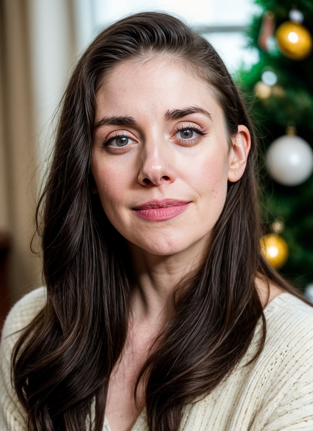 RAW photo of 20 years old alisonbrie-ti, natural lighting, 8k uhd, dslr, high quality, film grain, Fujifilm XT3, <lora:add_detail:0.7>, by Peter Lindbergh, christmas theme, young