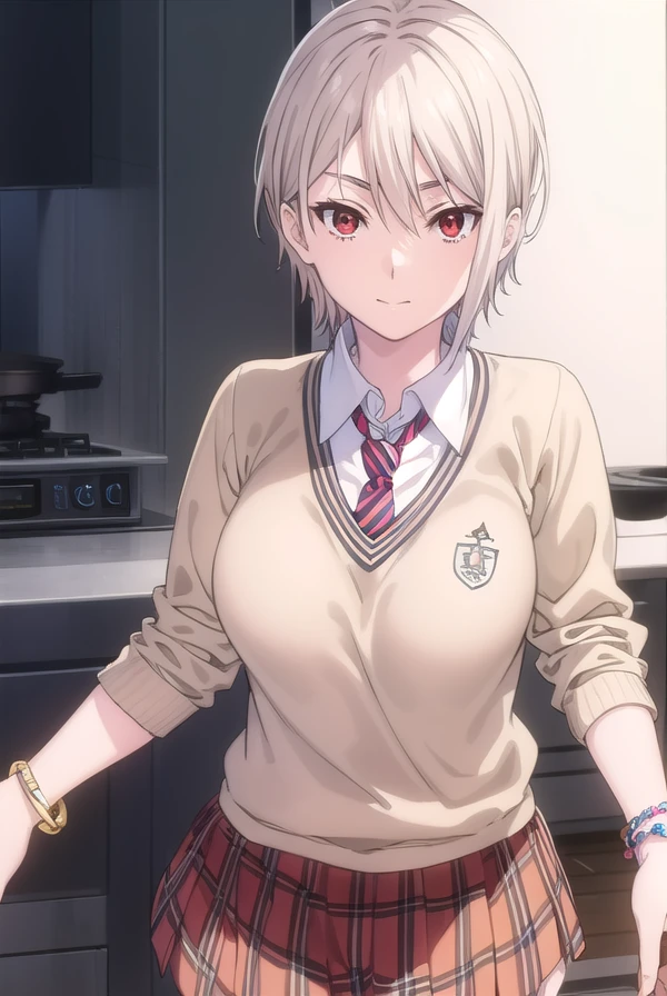 alicenakiri, <lora:alice nakiri s1-lora-nochekaiser:1>,
alice nakiri, short hair, (red eyes:1.3), white hair, hair between eyes, smile,
BREAK skirt, shirt, jewelry, school uniform, pleated skirt, necktie, striped, bracelet, sweater, plaid, plaid skirt, striped necktie, white shirt, collared shirt, (light brown sweater:1.2),
BREAK indoors, kitchen,
BREAK looking at viewer, (cowboy shot:1.5),
BREAK <lyco:GoodHands-beta2:1>, (masterpiece:1.2), best quality, high resolution, unity 8k wallpaper, (illustration:0.8), (beautiful detailed eyes:1.6), extremely detailed face, perfect lighting, extremely detailed CG, (perfect hands, perfect anatomy),