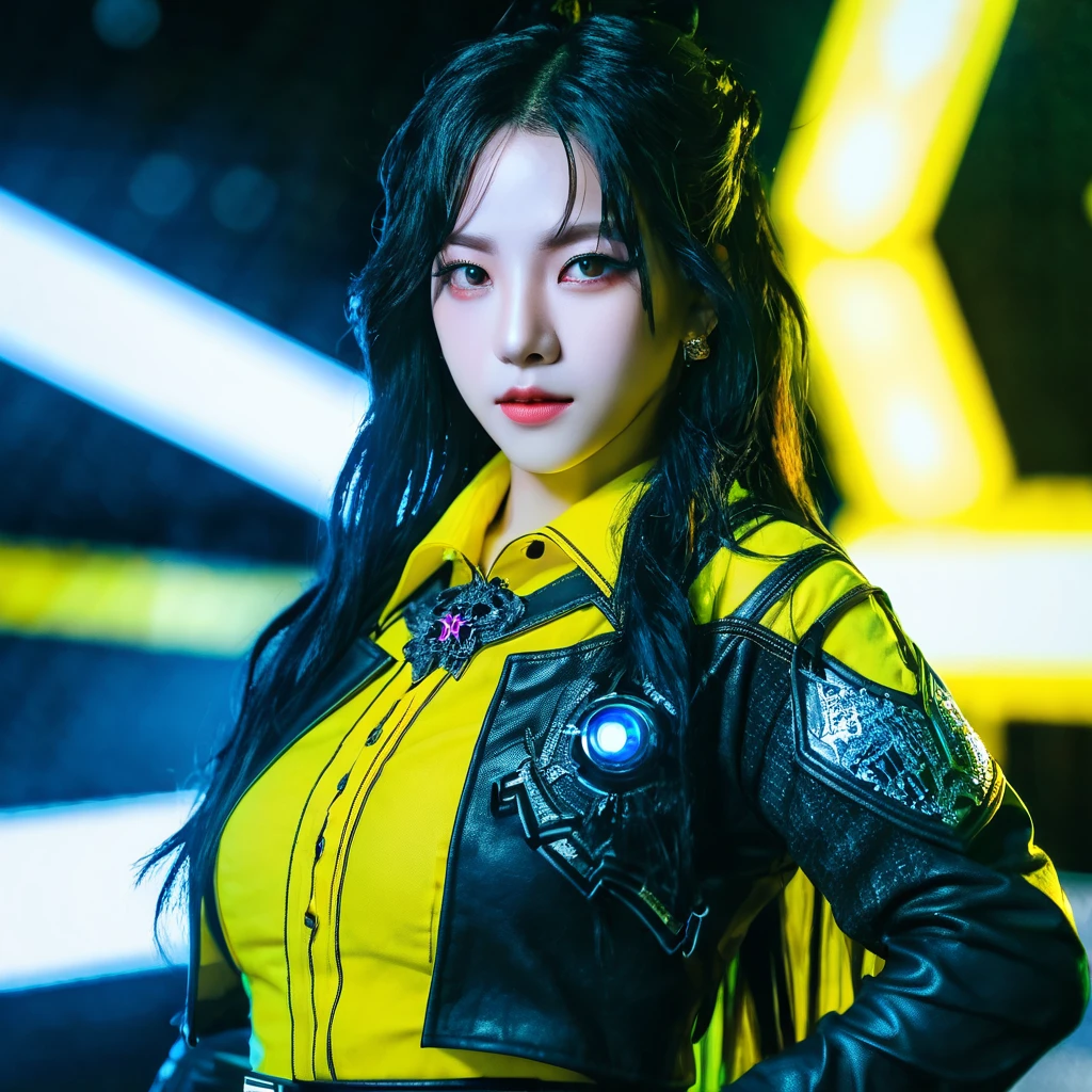 (yujimin:1.2), woman, Evil female, yellow team, smirk, glowing, vivid, extremely beautiful glowing piercing eyes black hair, cinematic scene, hero view, action pose, scenery, detailed background, masterpiece, best quality, high quality, absurdres, <lora:yujimin_v10:0.8>, <lora:add-detail-xl:4>