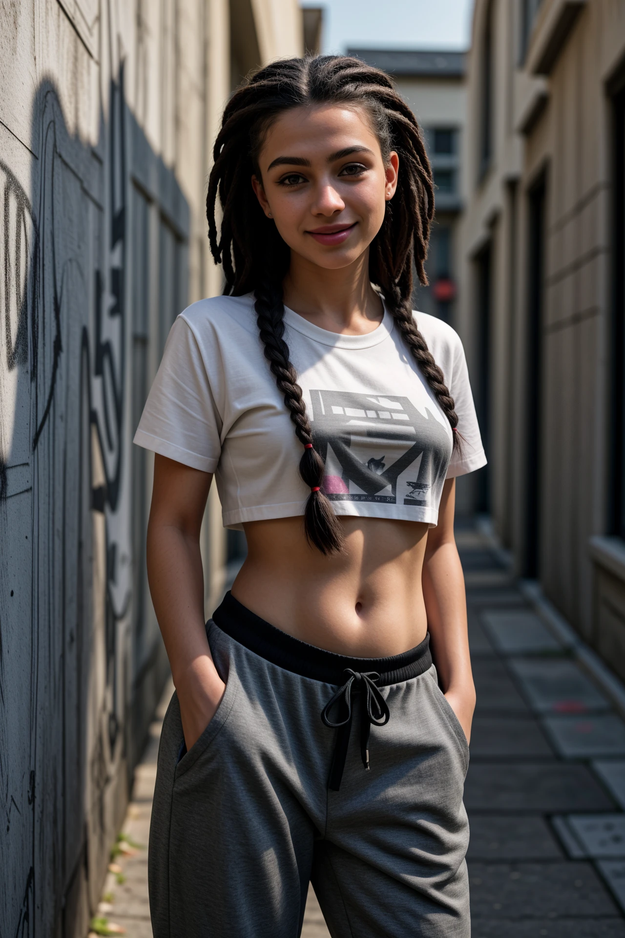 a photo of a gorgeous cute Austrian girl, smiling, (crop top), Steel gray hair loose braided hair, comics printed shirt, oversized jogger pants, lean against the wall, backstreet, (graffiti on the wall), hip-hop, smiling, hands in pockets, perfectly symmetrical face, detailed skin, elegant, alluring, attractive, amazing photograph, DSLR, 80mm Sigma f2,( depth of field),( intricate natural lighting), (shot on Canon EOS-1D X Mark III:1.0), (hi res, absurd res, real, photorealism, real life, photography \(artwork\):1.0)