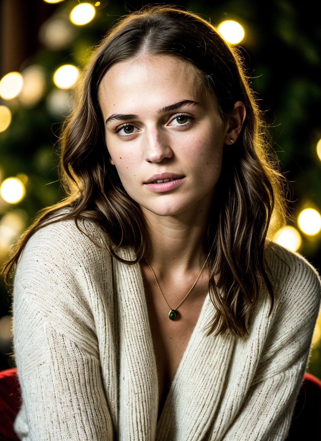 RAW photo of 20 years old aliciavikander-ti, natural lighting, 8k uhd, dslr, high quality, film grain, Fujifilm XT3, <lora:add_detail:0.7>, by Peter Lindbergh, christmas theme, young