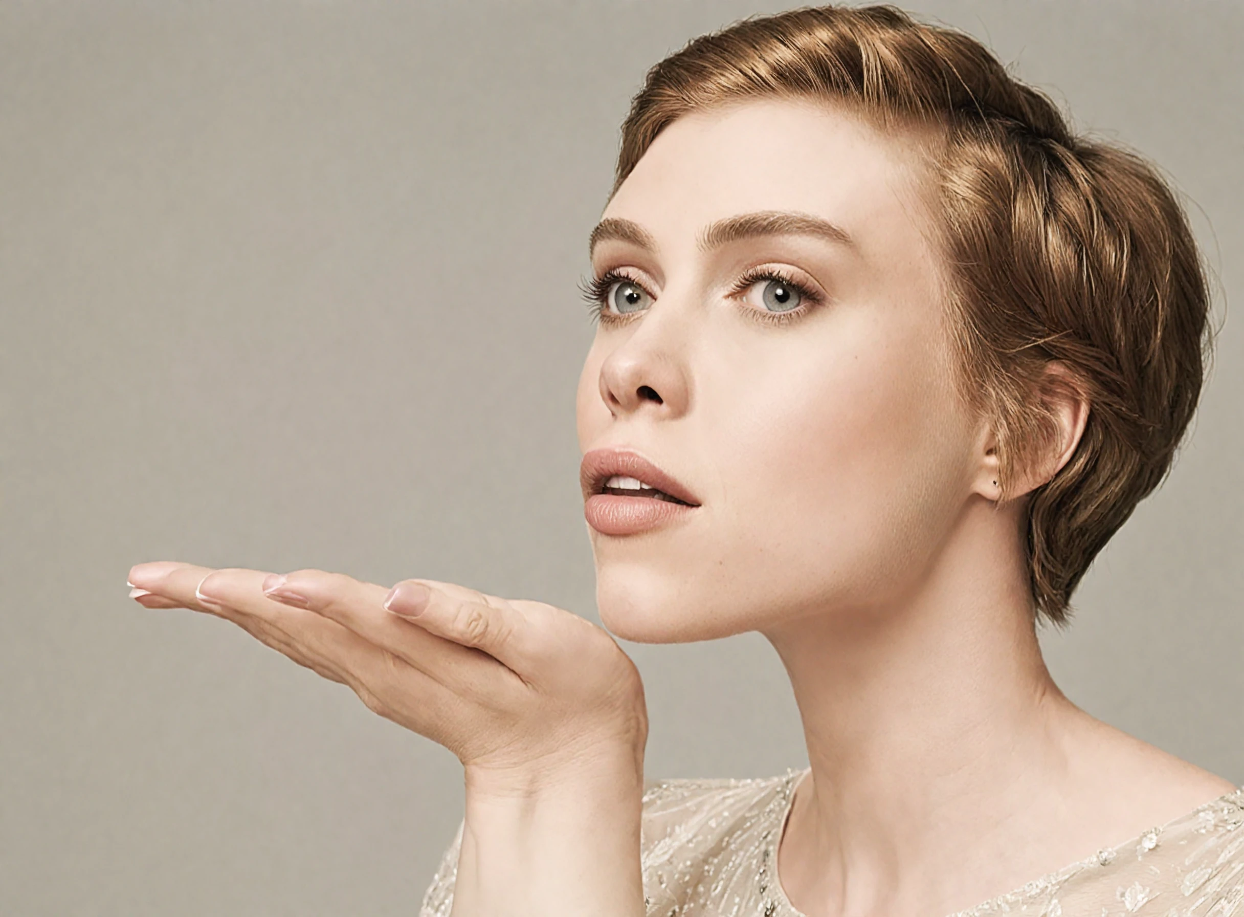 profile view of sophialillis blowing a kiss, open mouth, hand, detailed background <lora:Sophia_Lillis_SDXL-000016:1>