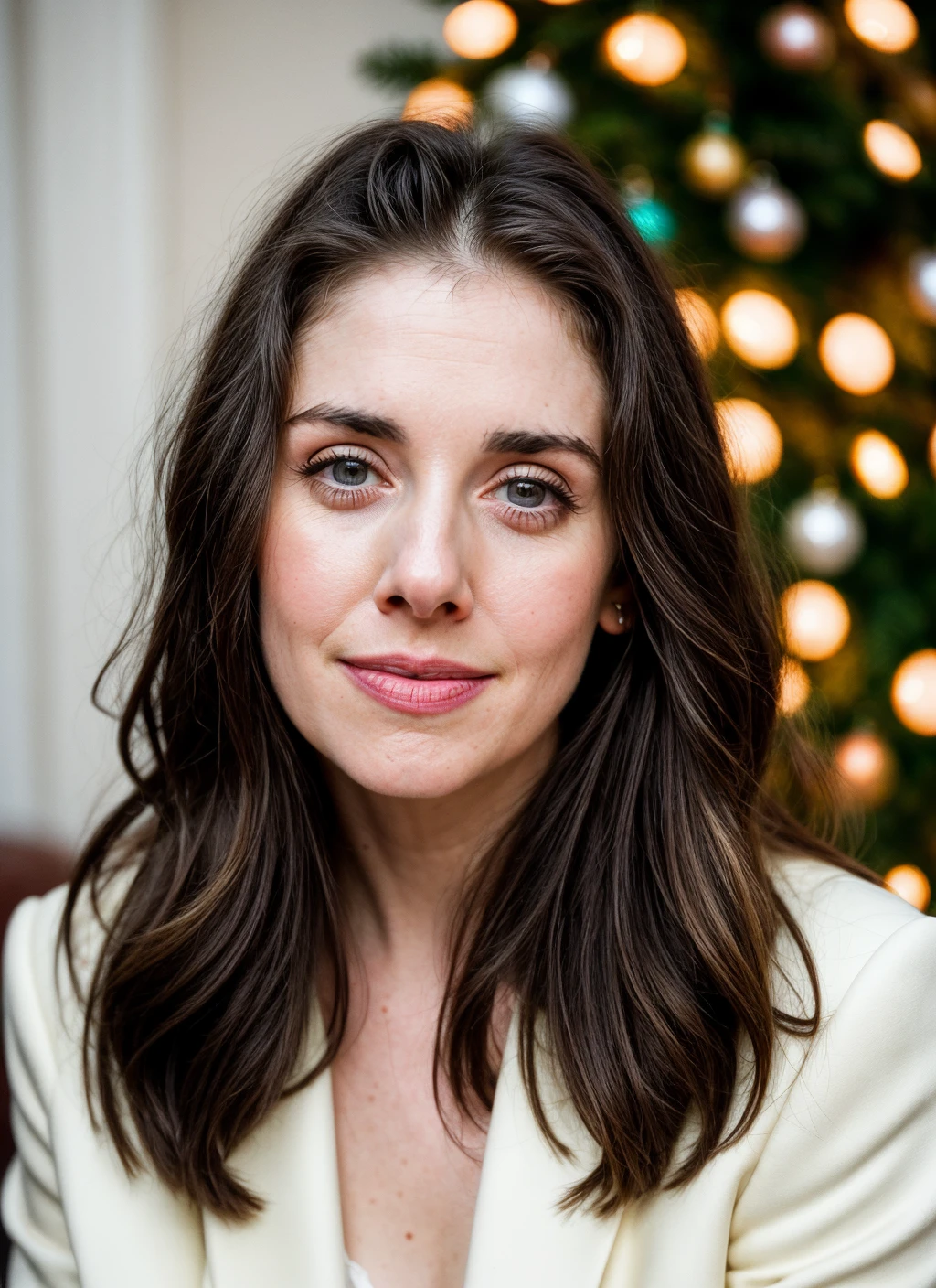 RAW photo of 20 years old alisonbrie-ti, natural lighting, 8k uhd, dslr, high quality, film grain, Fujifilm XT3, <lora:add_detail:0.7>, by Peter Lindbergh, christmas theme, young