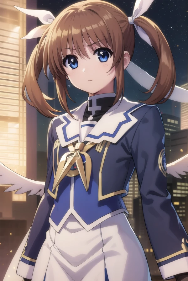 nanohatakamachi, <lora:nanoha takamachi movie2-lora-nochekaiser:1>,
nanoha takamachi, takamachi nanoha, brown hair, twintails, blue eyes,
BREAK gloves, long sleeves, wings, fingerless gloves, magical girl, winged footwear,
BREAK outdoors, city, night, starry sky,
BREAK looking at viewer, (cowboy shot:1.5),
BREAK <lyco:GoodHands-beta2:1>, (masterpiece:1.2), best quality, high resolution, unity 8k wallpaper, (illustration:0.8), (beautiful detailed eyes:1.6), extremely detailed face, perfect lighting, extremely detailed CG, (perfect hands, perfect anatomy),