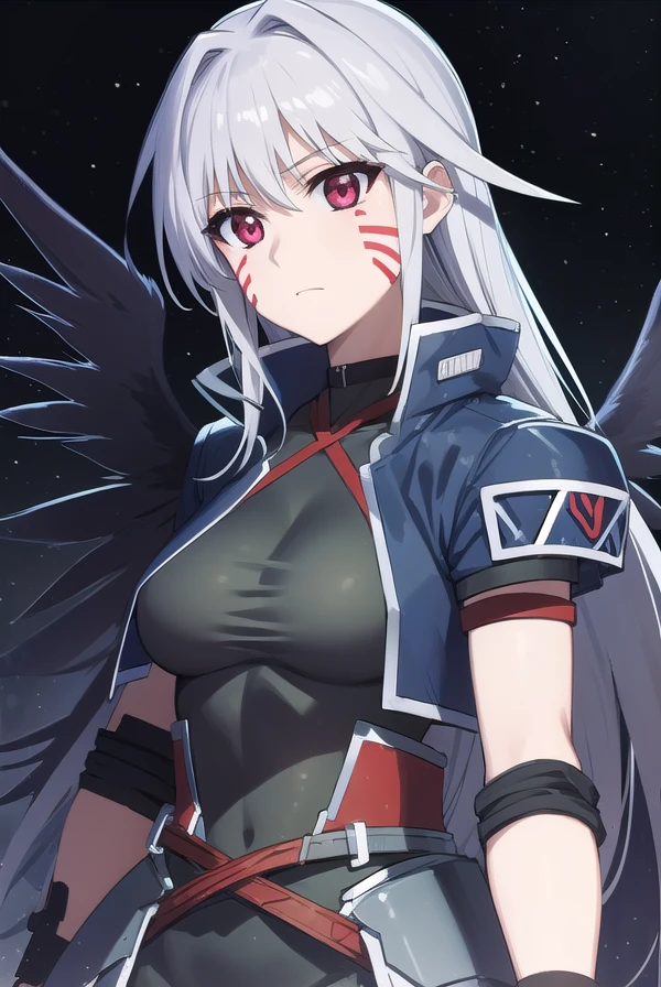 reinforcei, <lora:reinforce i movie2-lora-nochekaiser:1>,
reinforce i, (red eyes:1.3), grey hair, facial mark, long hair,
BREAK thighhighs, gloves, jacket, open clothes, wings, fingerless gloves, open jacket, magical girl, single thighhigh, asymmetrical legwear, black wings, uneven legwear, waist cape, multiple wings, leg belt,
BREAK outdoors, city, sky, night, starry sky, star \(sky\), moon,
BREAK looking at viewer, (cowboy shot:1.5),
BREAK <lyco:GoodHands-beta2:1>, (masterpiece:1.2), best quality, high resolution, unity 8k wallpaper, (illustration:0.8), (beautiful detailed eyes:1.6), extremely detailed face, perfect lighting, extremely detailed CG, (perfect hands, perfect anatomy),
