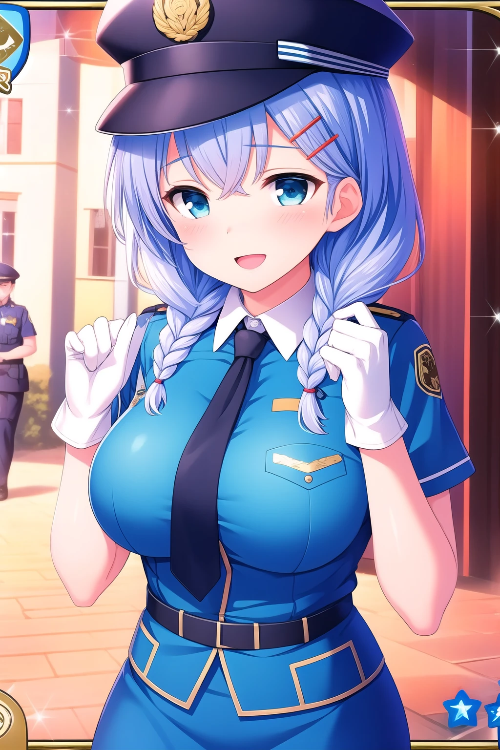 ((female police officer with perfect figure beautiful breasts and hips, she is wearing black trousers and a police blue shirt which is completely wet and her bare chest is visible, she frowned with anger)), ((in detail down to the smallest detail, Best quality, masterpiece))