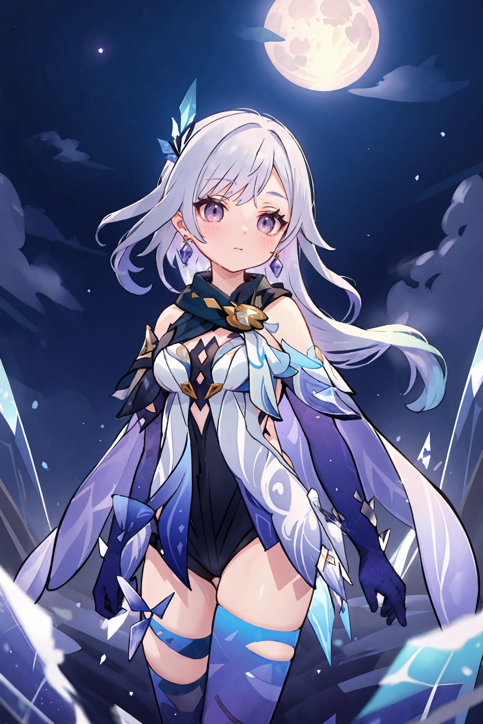 1girl, skirk \(genshin impact\), elbow gloves, earrings, cape, blue thighhighs, black scarf, butterfly hair ornament, armored leotard, cowboy shot, expressionless, night, floating hair, full moon, cloud, floating ice, floating crystals, backlighting, depth of field, masterpiece