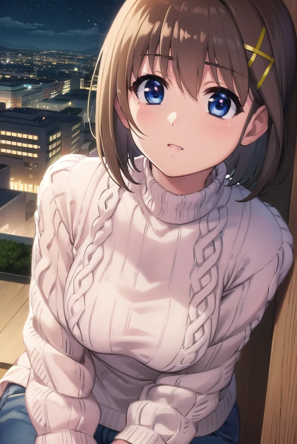 hayateyagami, <lora:hayate yagami movie2-lora-nochekaiser:1>,
hayate yagami, yagami hayate, short hair, blue eyes, brown hair, hair ornament, x hair ornament, 
BREAK sweater, pink sweater, turtleneck, long sleeves,
BREAK outdoors, city, night, starry sky,
BREAK looking at viewer, (cowboy shot:1.5),
BREAK <lyco:GoodHands-beta2:1>, (masterpiece:1.2), best quality, high resolution, unity 8k wallpaper, (illustration:0.8), (beautiful detailed eyes:1.6), extremely detailed face, perfect lighting, extremely detailed CG, (perfect hands, perfect anatomy),