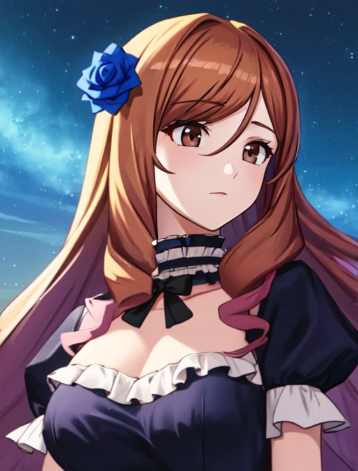 best quality, masterpiece, highres, detailed, digital artwork, <lora:Detail - add_detail:0.2>, QuelleSellier, two-tone hair, brown hair, purple hair, brown eyes, head flower, blue rose, <lora:Character - QuelleSellier:0.6>, night sky, large breasts, black frilled choker,
