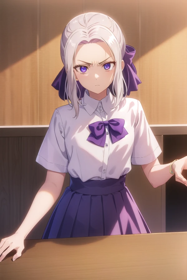 shinokiryuu, <lora:shino kiryuu s2-lora-nochekaiser:1>,
shino kiryuu, (purple eyes:1.1), white hair, hair bow, purple ribbon, frown, angry, (flat chest:1.2),
BREAK skirt, shirt, bow, school uniform, white shirt, short sleeves, pleated skirt, bowtie, blue skirt,
BREAK indoors, classroom,
BREAK looking at viewer, (cowboy shot:1.5),
BREAK <lyco:GoodHands-beta2:1>, (masterpiece:1.2), best quality, high resolution, unity 8k wallpaper, (illustration:0.8), (beautiful detailed eyes:1.6), extremely detailed face, perfect lighting, extremely detailed CG, (perfect hands, perfect anatomy),
