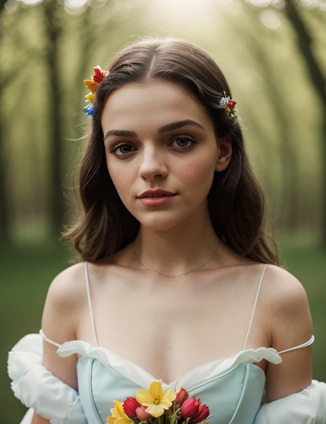 r4chsn0 photo of (r4chsn0) girl, RAW, nature, close portrait photo, Spectacular light, Snow white dress, (Colorful flowering), 8k, soft lighting, high quality, film grain, Olympus OM1 sharp focus, f 3.4, ((detailed eyes)), (seductive pose), upper body, breast, ((Snow white Disney))