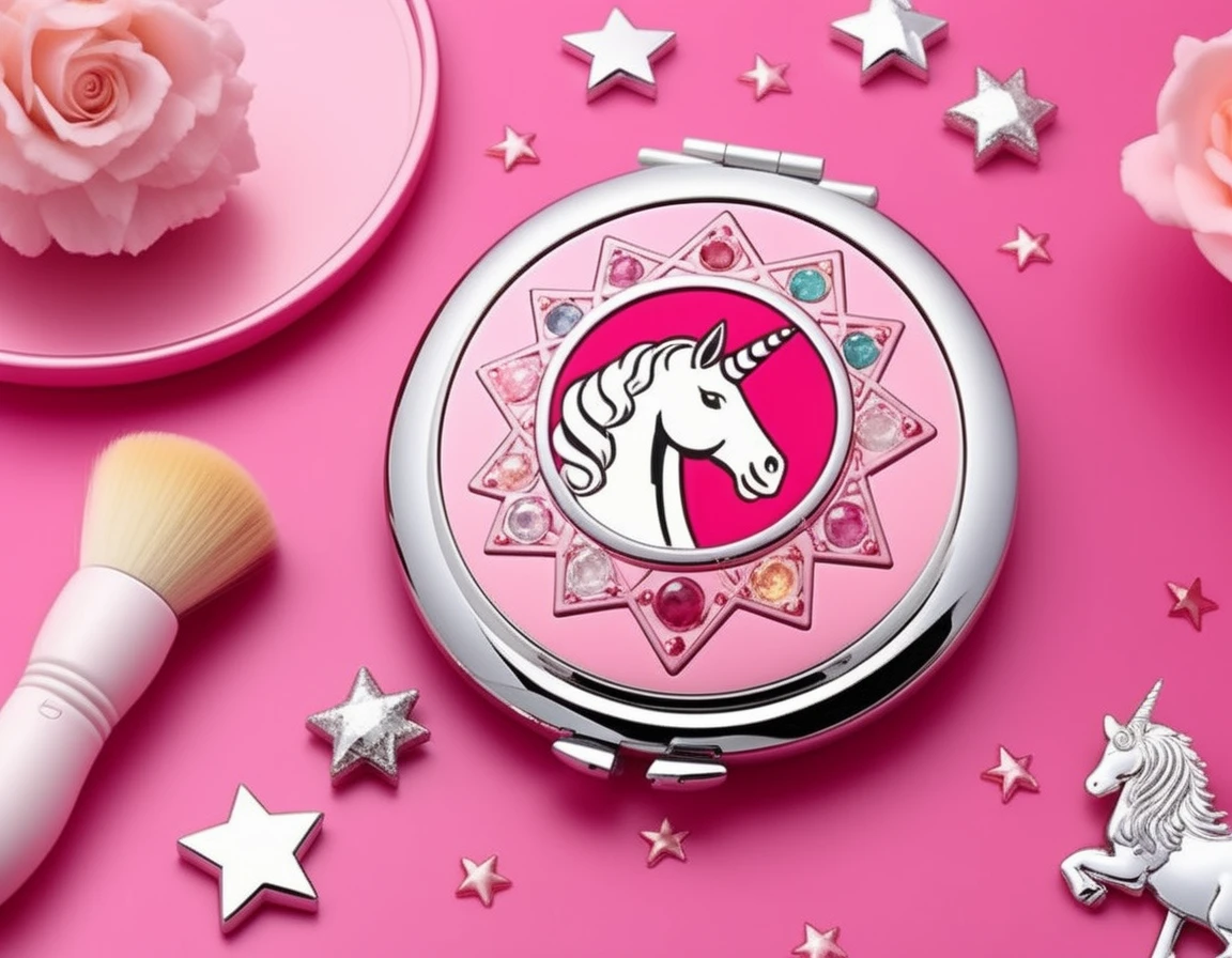 An ultra-realistic, photograph-like image of a children's portable makeup mirror. The main body of the mirror is a vibrant pink, adorned with an illustration of a white unicorn. This unicorn is intricately designed, with gems embedded in its mane and tail, sparkling against the pink background. Surrounding the mirror is an enchanting, six-pointed star magical circle, adding a whimsical and mystical touch. The magic circle is detailed with various mystical symbols and glowing softly, enhancing the magical theme of the mirror,<lora:girl_toy_style:0.65>,