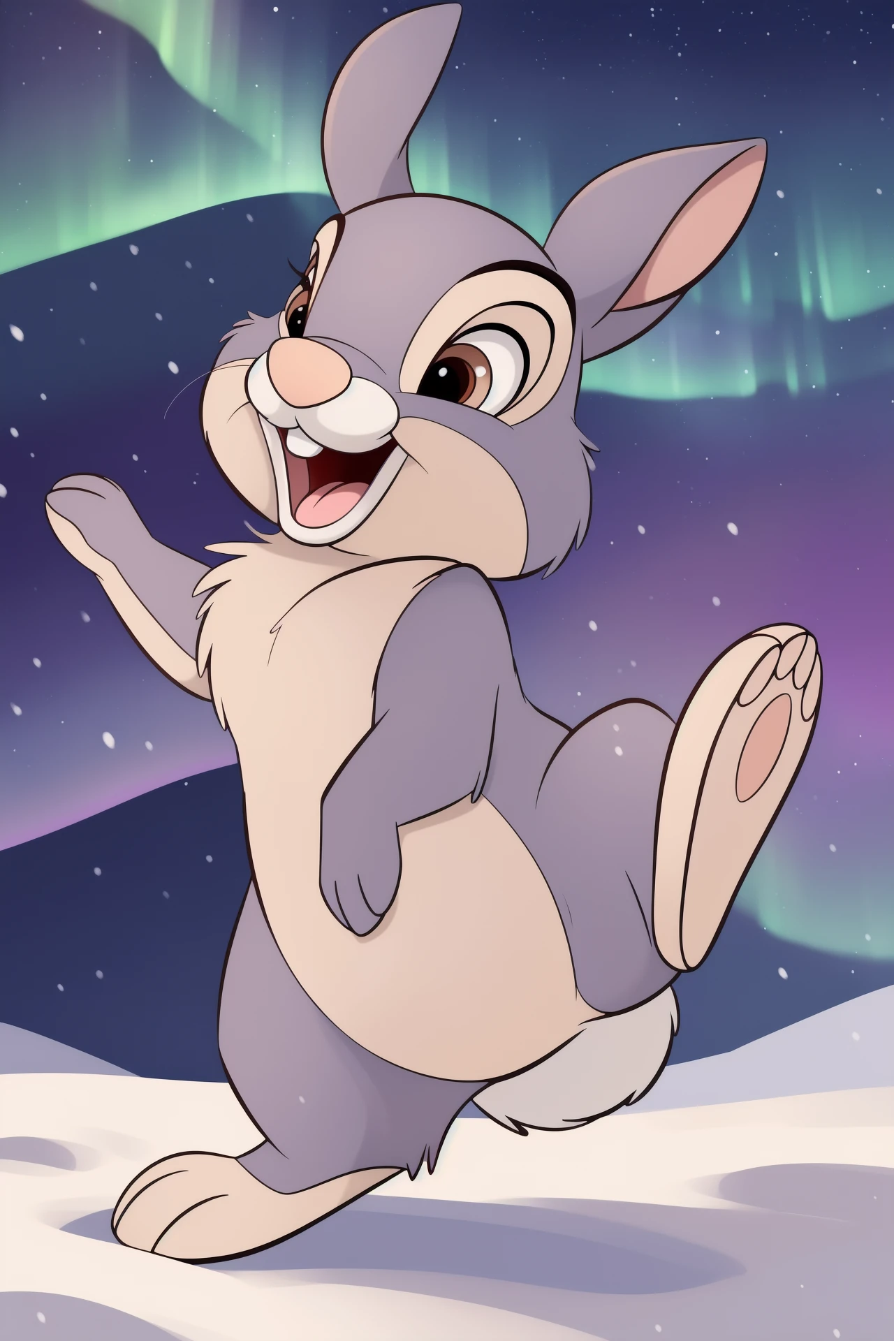 ((bright vibrant colors)), (close-up), portrait, upper body, <lora:thumper_frv1:0.9>, (((thumper (disney)))), ((feral)), (male), solo, fluffy, detailed fur, (((grey fur))), hazel eyes, [1 bucktooth], mammal, bunny, ((small feral bunny body)), ((looking cute)), hi res, ultra realism shading, detailed eyes, ((((looking cute)))), ((((happy expression)))), ((open mouth)), hi res, ultra realism shading, ((standing)), (((raising leg))), ((turned to side)), by smitty g, by sfan, by the giant hamster, <lora:add_detail:0.5>, (looking at viewer), <lora:CartoonCraftLora_V1:1>, ((nature, snow, star filled aurora borealis background)),