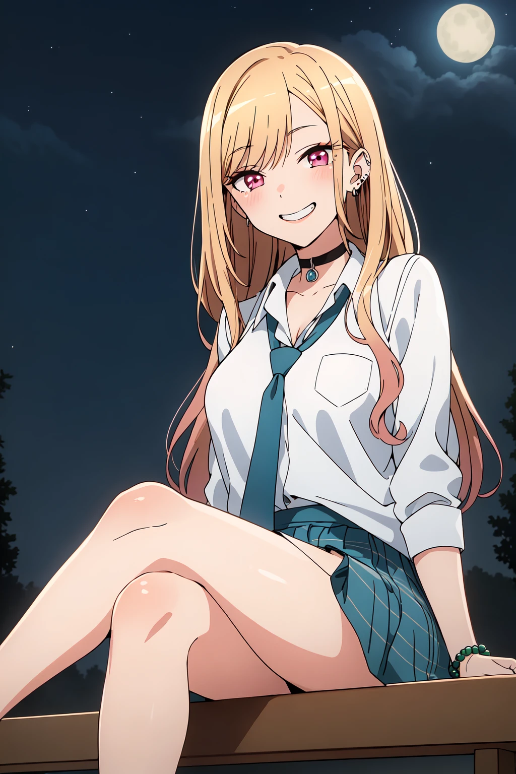 best quality, masterpiece, <lora:MarinKitagawaV2:0.7>marin kitagawa, anime screencap, earrings, green bead bracelet, school uniform, plaid skirt, black choker, smile, teeth, looking at viewer, sitting, crossed legs, night sky, stars, outdoors,