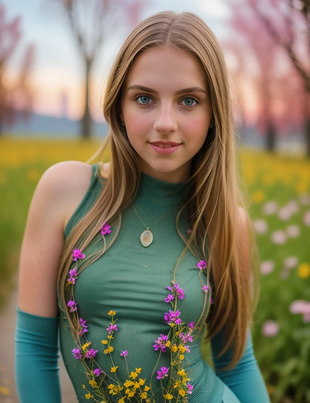 t1n4 photo of (t1n4) girl, RAW, (close portrait photo), nature, Spectacular light, intricate color, leggings intricate, (Colorful flowering), 8k, soft lighting, high quality, film grain, Olympus OM1 sharp focus, f 3.4, ((detailed eyes)), (seductive pose), upper body, breast, smile, (Salzburg)