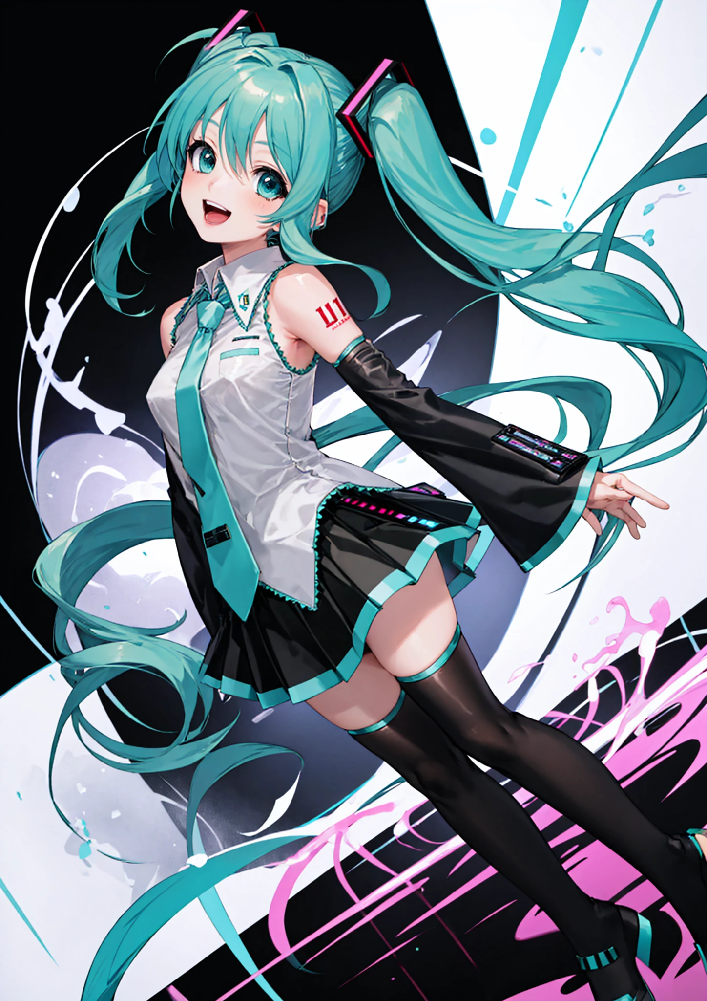 1girl, hatsune miku, aqua eyes, long hair, smile, open mouth, skirt, thighhighs, twintails, very long hair, detached sleeves, green hair, necktie, zettai ryouiki, aqua hair, solo, black background, <lora:unxi-06:1>