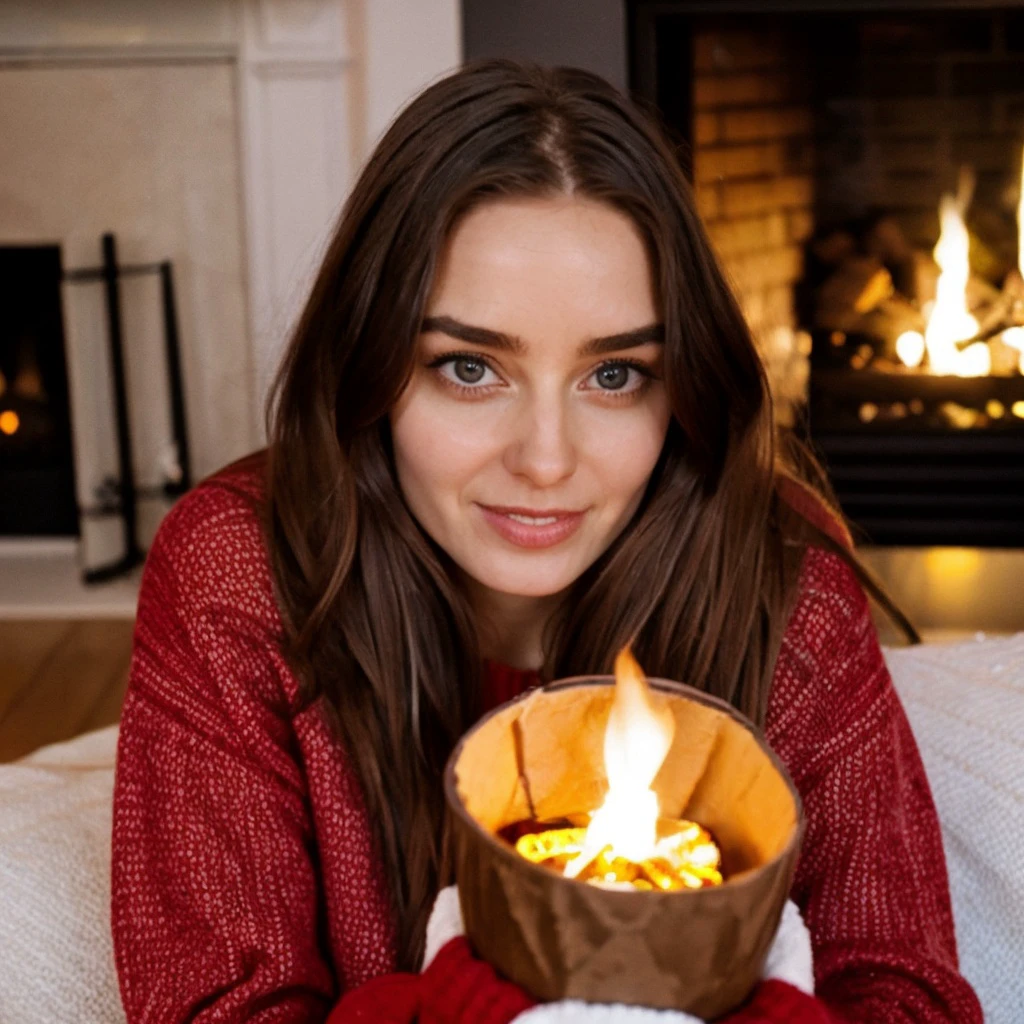 <lora:loserfruit_sd15_512_128_64_v1:1> losefruit, 1girl, wearing a sweater, christmas decoration cozy fireplace in background,