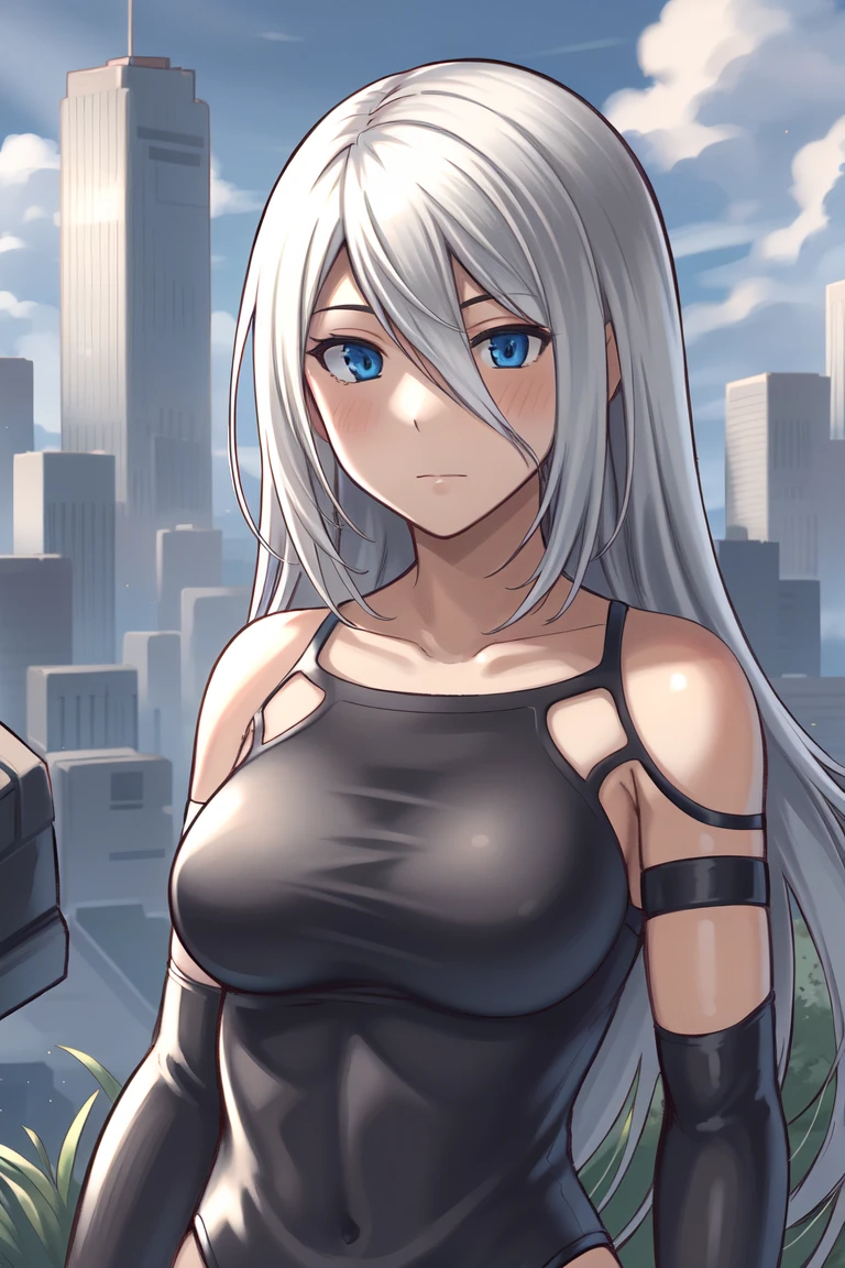 Anime art style, mei mei from jujutsu kaisen, white hair, white skin, wearing black bodysuit, standing on destroyed city, cinematic lights, blushing cheeks, smilling, looking back at viewers, big breast, big booty, NSFW, back view, beautiful scenery, close up shot