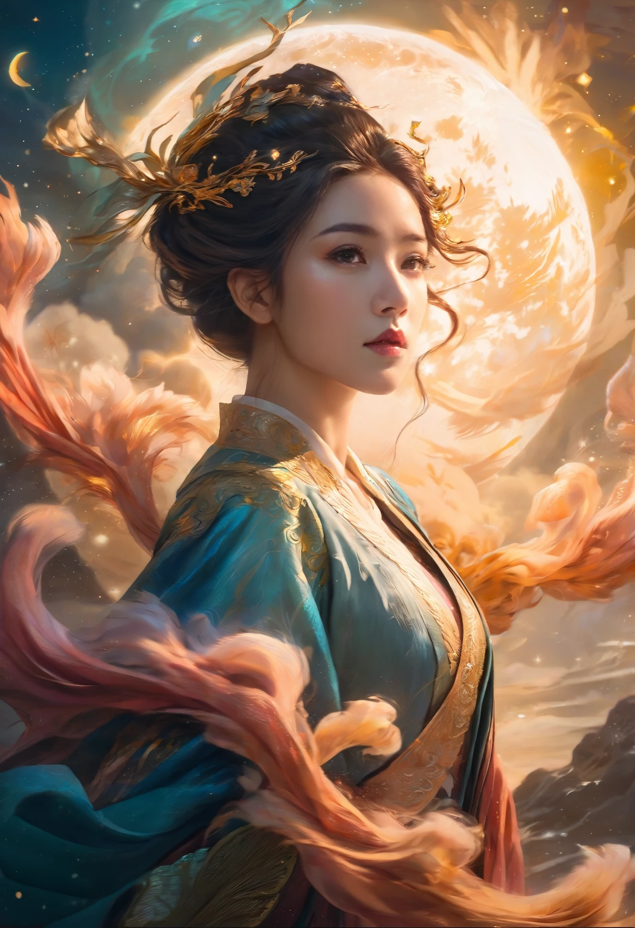 ethereal fantasy concept art of The woman in hanfu. magnificent, celestial, ethereal, painterly, epic, majestic, magical, fantasy art, cover art, dreamy, elegant, cinematic, saturated colors, ambient dramatic atmosphere, sharp focus, extremely detailed, fine detail, stunning composition, creative, colorful, complex, magic, full color, intricate