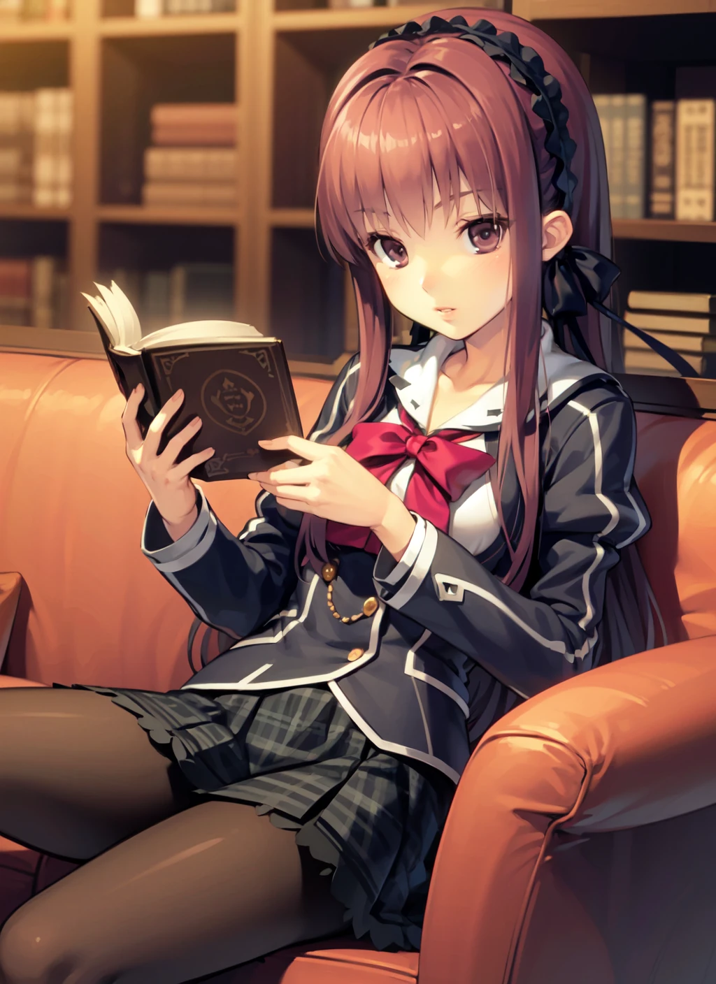 ushioley, 1girl, solo, hairband, hair bow, school uniform, bowtie, plaid skirt, pantyhose, book, sitting, library, bookshelf, couch, holding book, parted lips <lora:ushioley_V1-09:0.7>