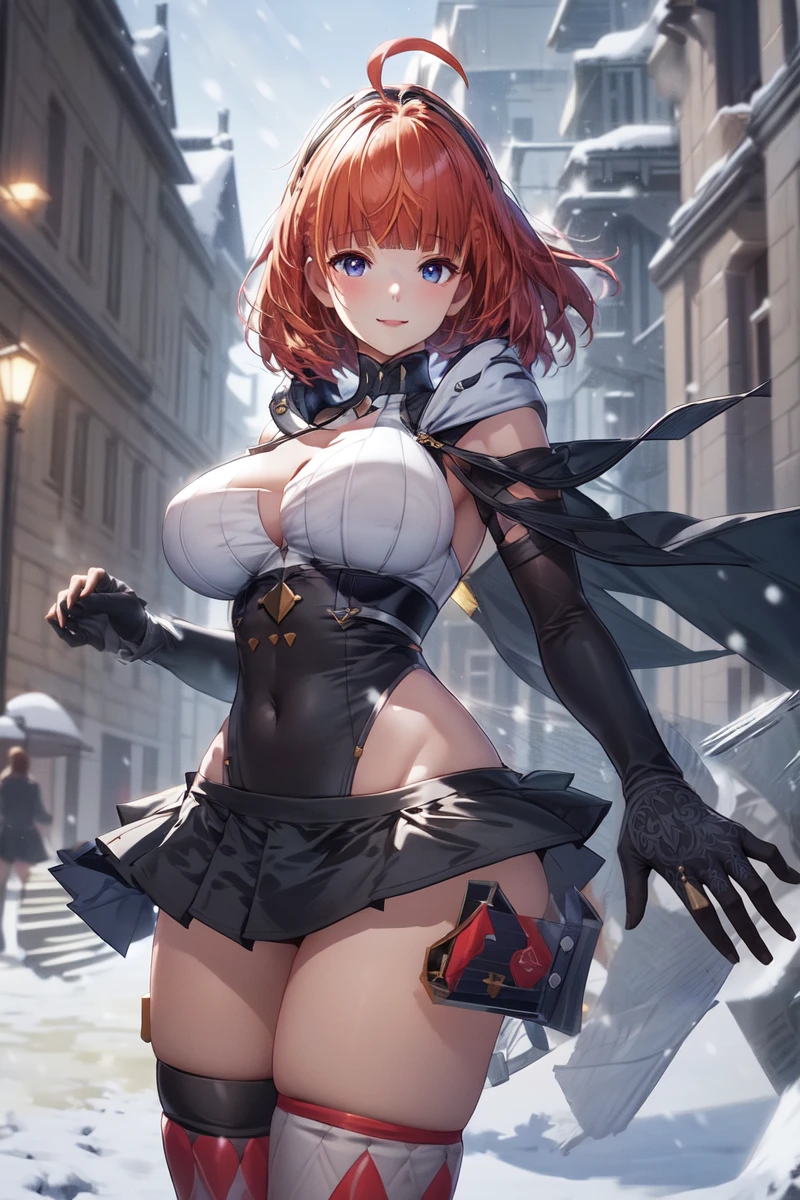 (best quality, masterpiece, colorful, dynamic angle, highest detailed)(tess),(official art, extreme detailed, highest detailed),(perfect hand),(tess),realistic,upper_body,(perfect hand),fashion photography of medium hair girl,(intricate details, hyperdetailed:1.15),dressing high detailed bodysuit (high resolution textures),detailed,bokeh,detailed background,snowing outdoors,(sunny_day),perfect lighting,in dynamic pose,smile,standing,HDR+,ahoge,blunt bangs,long_gloves,microskirt,asymmetrical_legwear,black highleg leotard,<lora:Tess kotkin V1.0:1>,