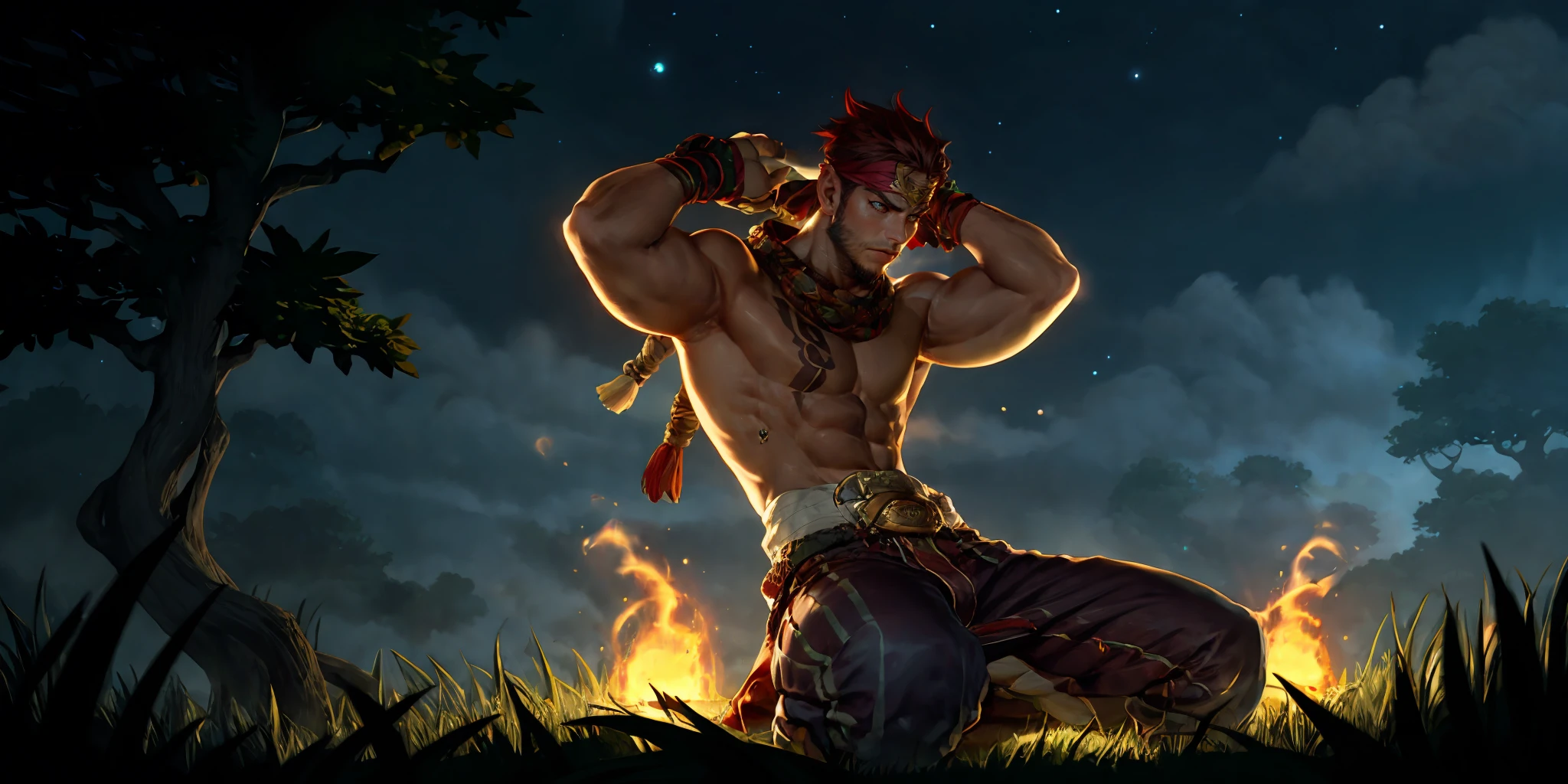 HEZI,LOL,\\\(lol style\\\),game cg,thick arms,biceps,solo,muscular,sky,male focus,armpits,muscular male,1boy,abs,tree,tattoo,grass,manly,bara,armband,pectorals,night sky,cloudy sky,night,outdoors,nipples,mature male,thick thighs,pants,topless male,chest tattoo,cloud,stomach tattoo,gauntlets,arm tattoo,thighs,glowing,mask,large pectorals,sitting,leaf,leg armor,bush,light,spiked hair,jewelry,bandages,red hair,short hair,back tattoo,facial hair,rope,looking to the side,armpit hair,star \(sky\),fireflies,plant,thick eyebrows,dragon,navel,nature,long hair,arms up,headband,belt,<lora:LOLè¾æ¬§å°¼äº(8bit)2-000008:0.7>,